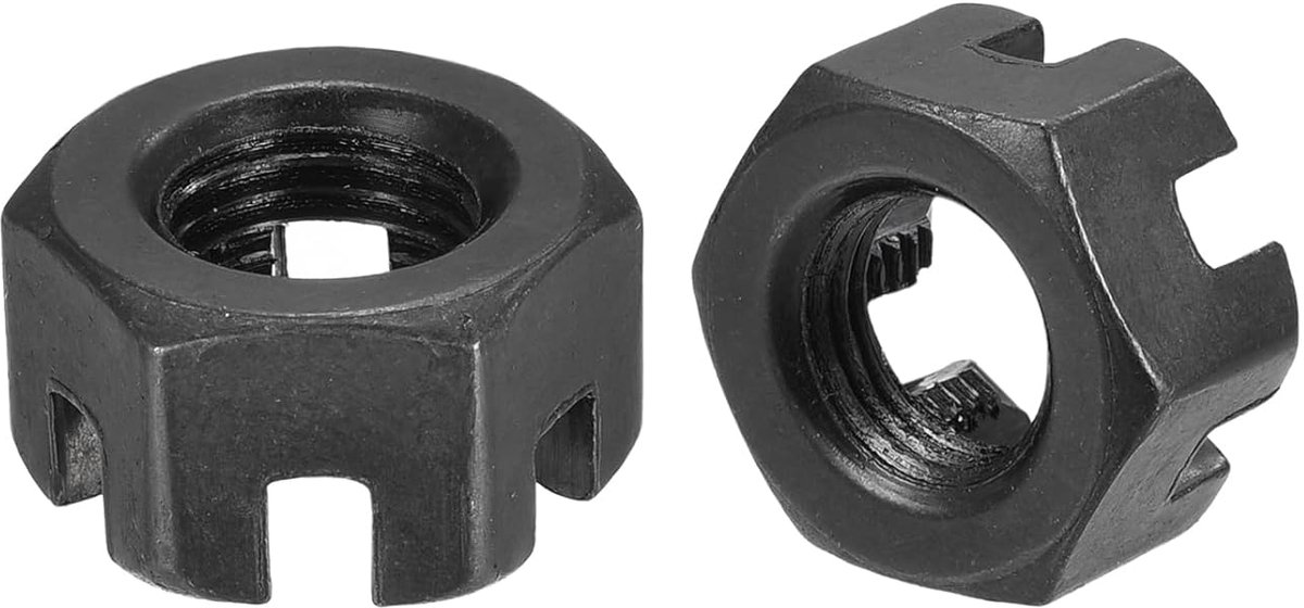 Zeskantmoeren met sleuf, M10 x 1 mm, zeskantmoeren van koolstofstaal, klasse 4.8, zwart, 12 stuks