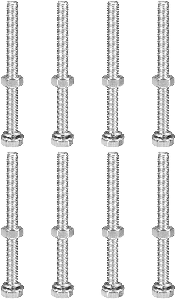 M10 x 120 mm zeskantkop schroeven bouten, moeren, platen en remmen sluitringen kits, 304 roestvrij staal volledig schroefdraad zeskantbouten 8 sets