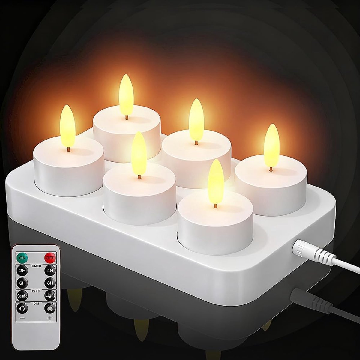 Oplaadbaar, 6 stuks, led-theelichtjes met timer en afstandsbediening, oplaadbare kaarsen, flikkerend met laadstation voor thuis, kamer, Halloween, Kerstmis, bruiloftsdecoratie