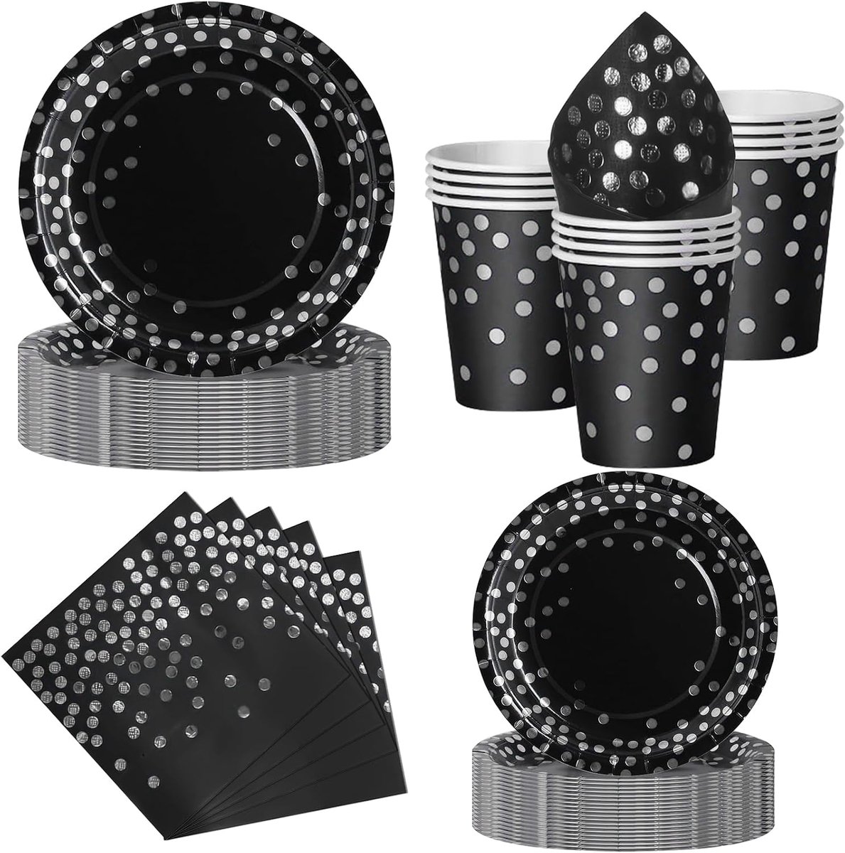 Feest Servies, 50 Stuks Zwart en Zilver Papieren Borden Kinderfeestje Set met Wegwerp Papieren Borden, Servetten & Bekers voor Verjaardagen, Barbecues, Picknicks en Feesten