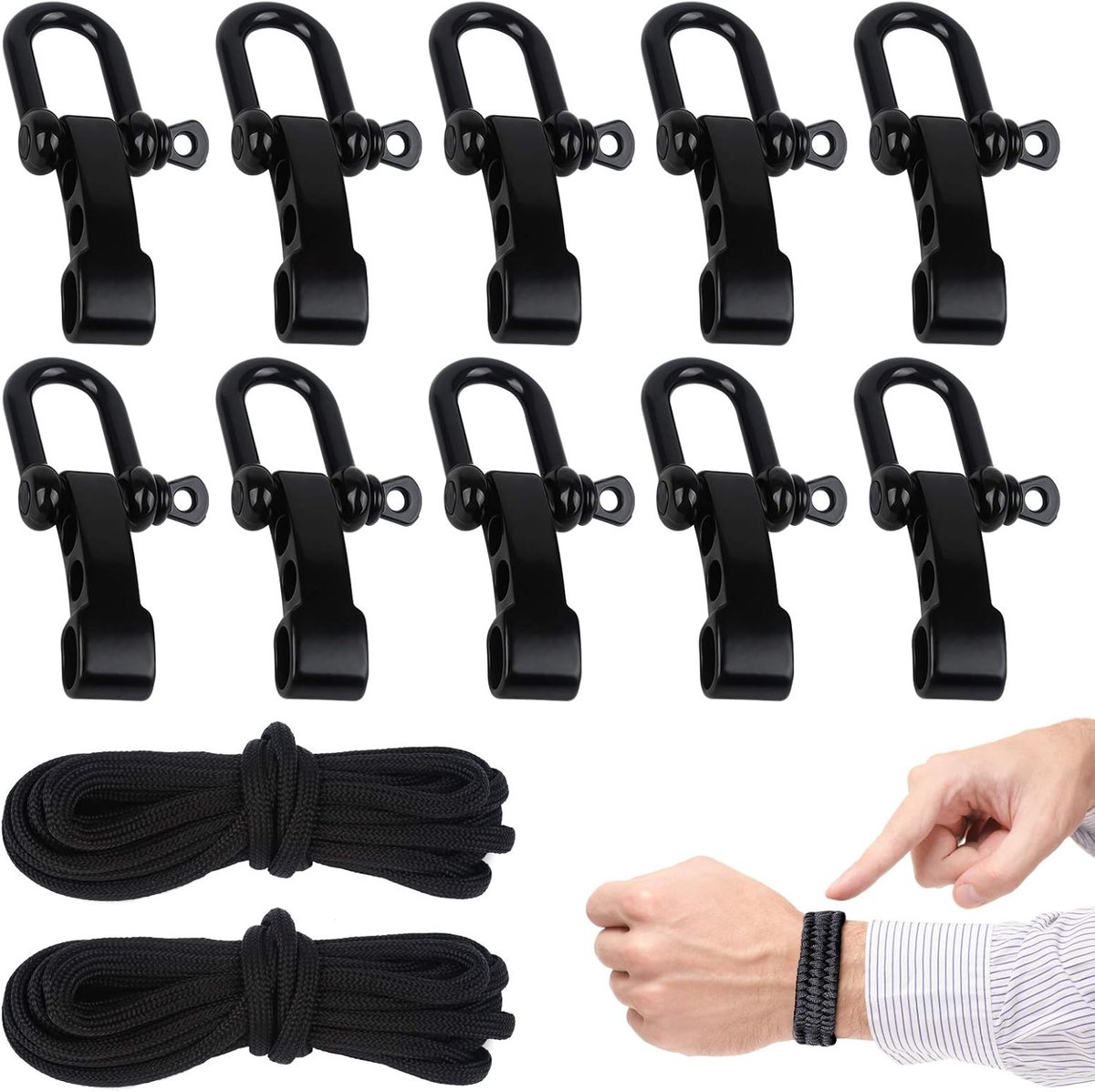 12 stuks paracord survivalarmbandkit, armband van paracord, armbandaccessoires, survivalgespen, U-vorm (zwart)