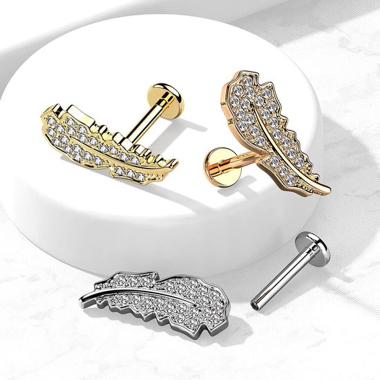 1 kraakbeen oorsteker, veer, zilver, goud, roségoud, pavé, zirkonia, heldere piercing-s chirurgisch staal, schroefsluiting, staaf, 6/8 mm lang, 8 mm, Roestvrij staal — afbeelding 2