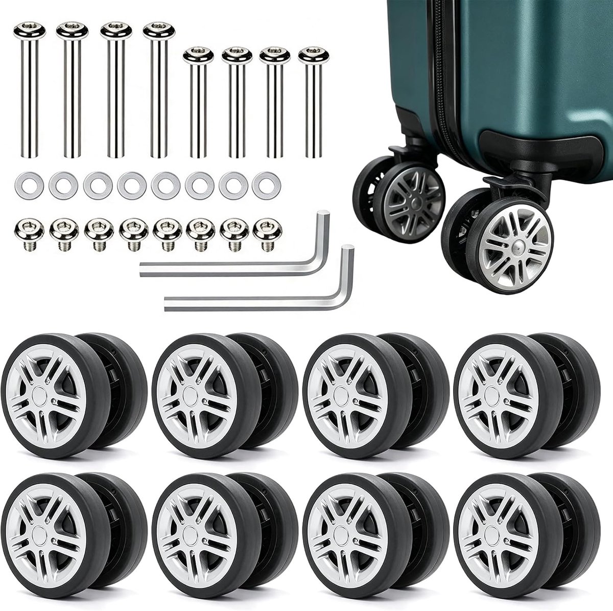 8 stuks koffer-reservewielen, 50 x 12 mm, kofferwielen, reservewielen voor koffers, bagage met dubbele wielen, rubberen reservewielen met reparatieset (zwart)