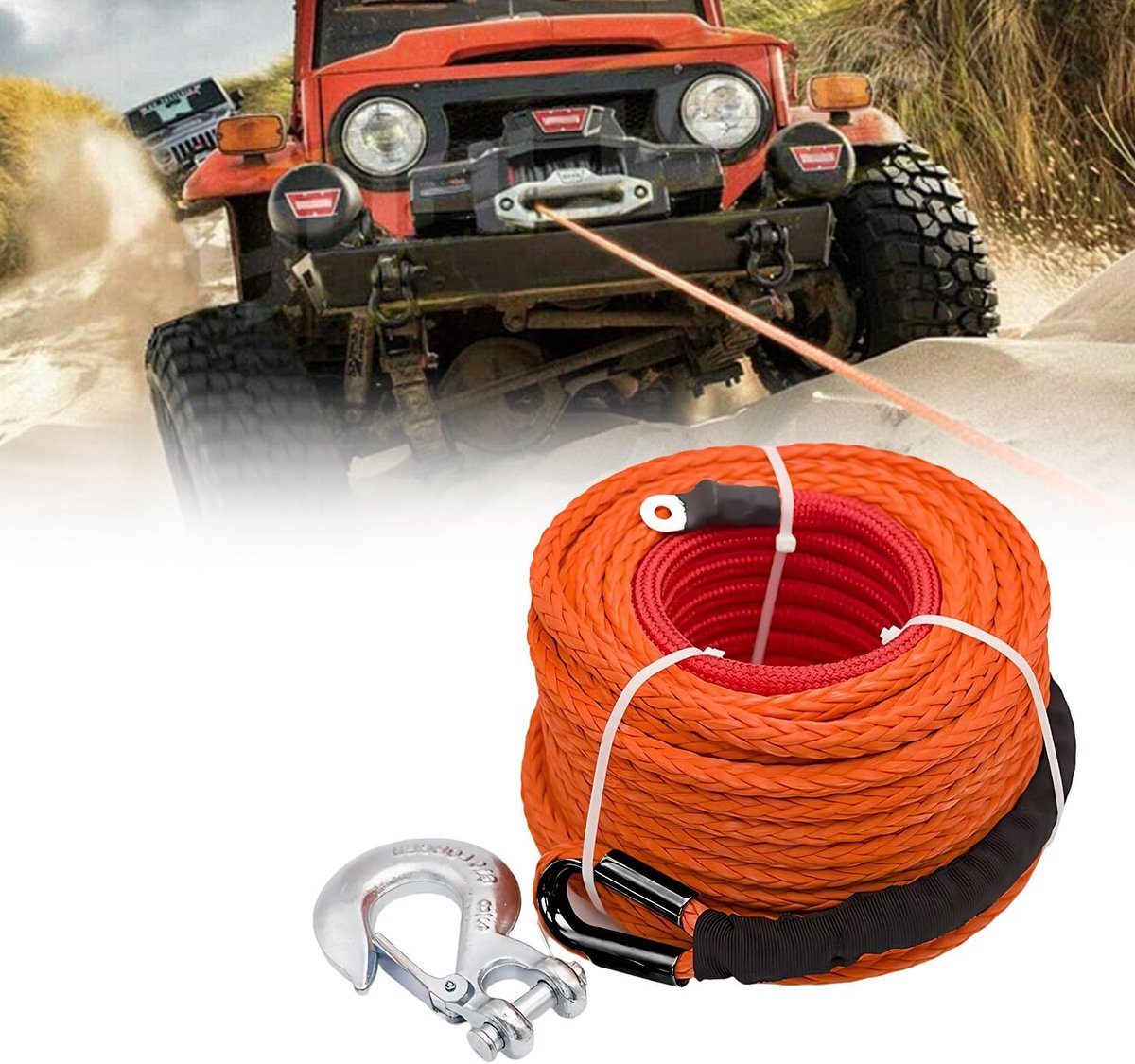 Touw Voor Lier, 8 mm x 15 m Synthetisch Liertouw, 12-Strengs Synthetisch Touw met Beschermhoes en Metalen Haak, Bosbouwtouw Maximale Trekkracht 6000 kg/13228 LBS, Voor ATV, UTV, SUV, Offroad