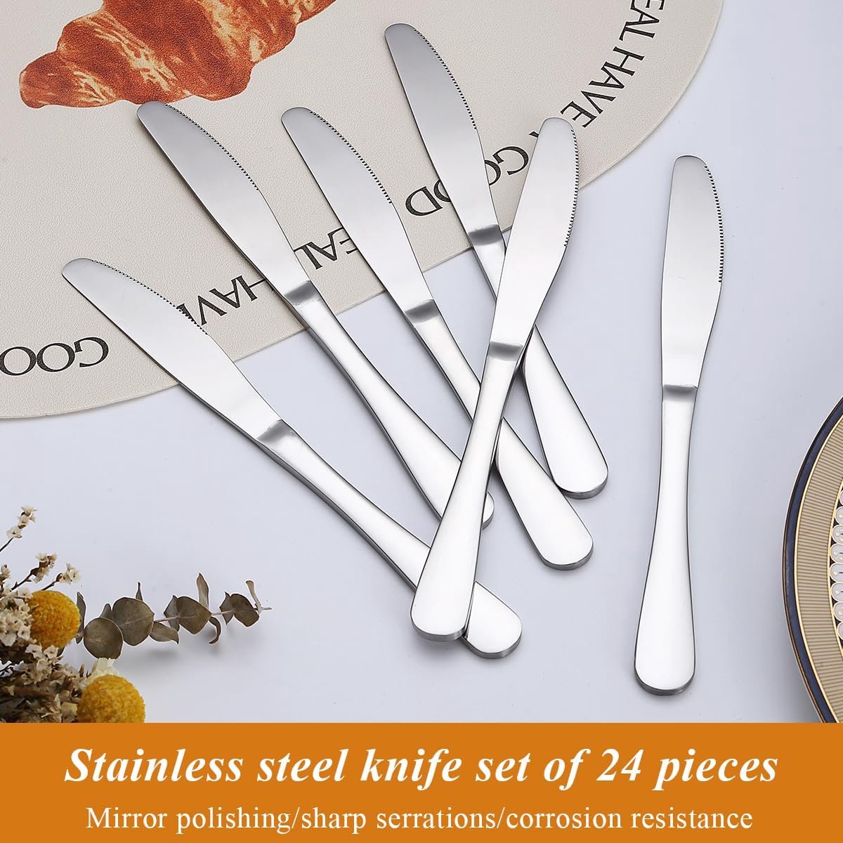 Tafelmes 24-delig, roestvrijstalen diner mes steakmes, botermes bestekset, vaatwasmachinebestendig.