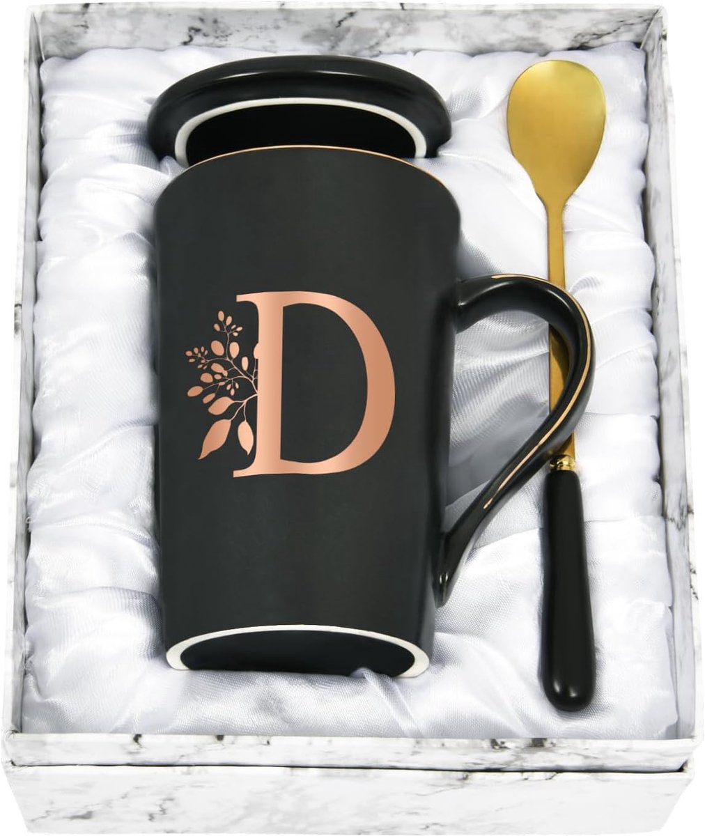 Gepersonaliseerde mok met Letters Koffiemok met Bloemenmotief, naam Initialen Persoonlijke Geschenken Koffiemok voor Vrouwen Vriendin D - 400 ml Zwart