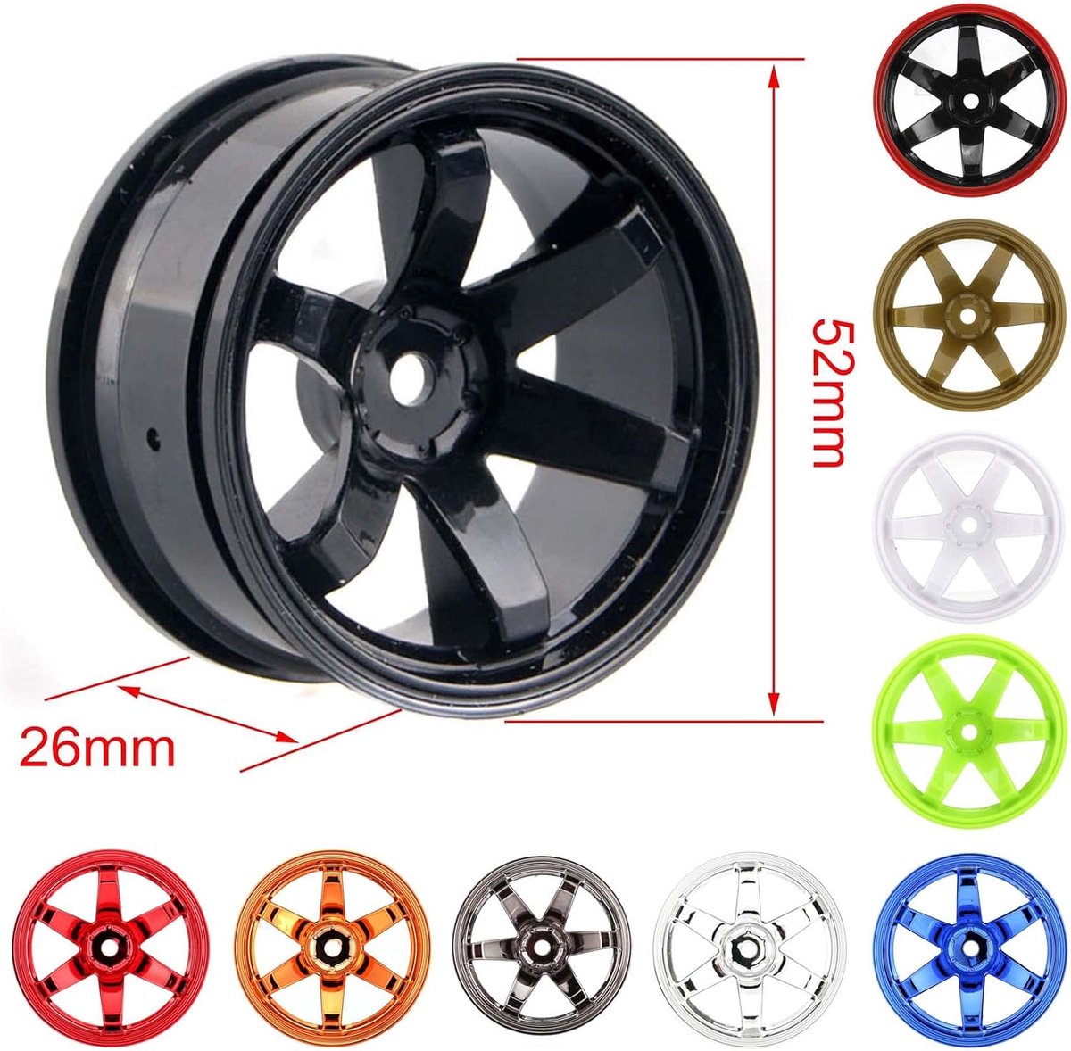 Wielen diameter 52 mm voor 1/10 RC On Road tourwagen Drift Auto (zwart en rood)