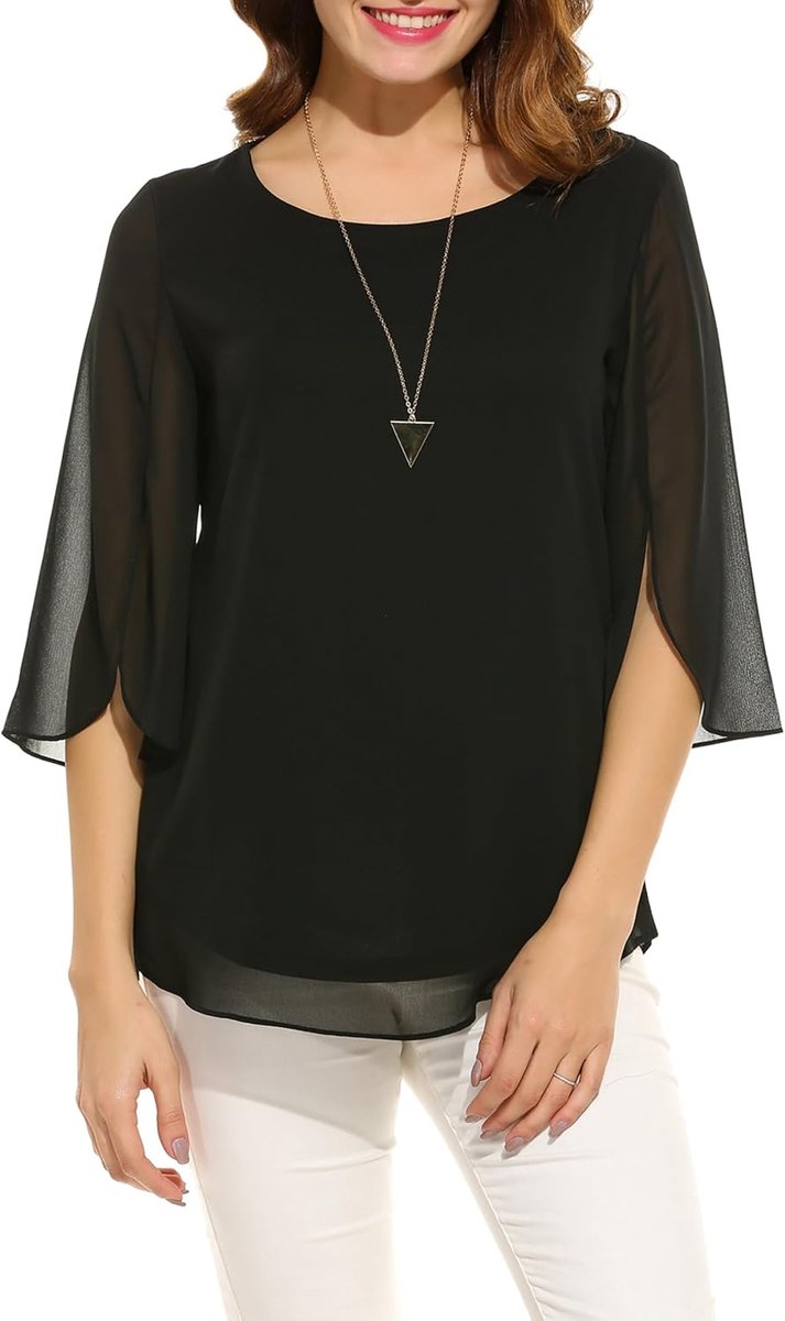 Dames chiffon tuniek casual ronde kraag grote maten halve mouwen blouse top zomer losse pasvorm