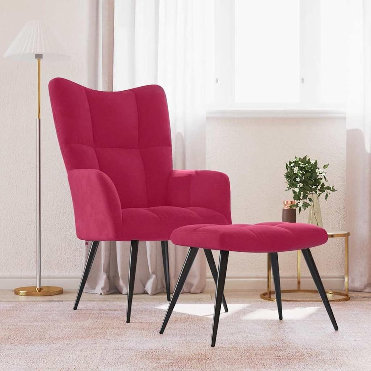 Relaxstoel met kruk, wijnrood, fluweel, 61 x 70 x 96,5 cm + kruk 47 x 32 x 34 cm, pluizig polyesterfluweel, stabiel stalen frame, hoog zitcomfort voor de woonkamer