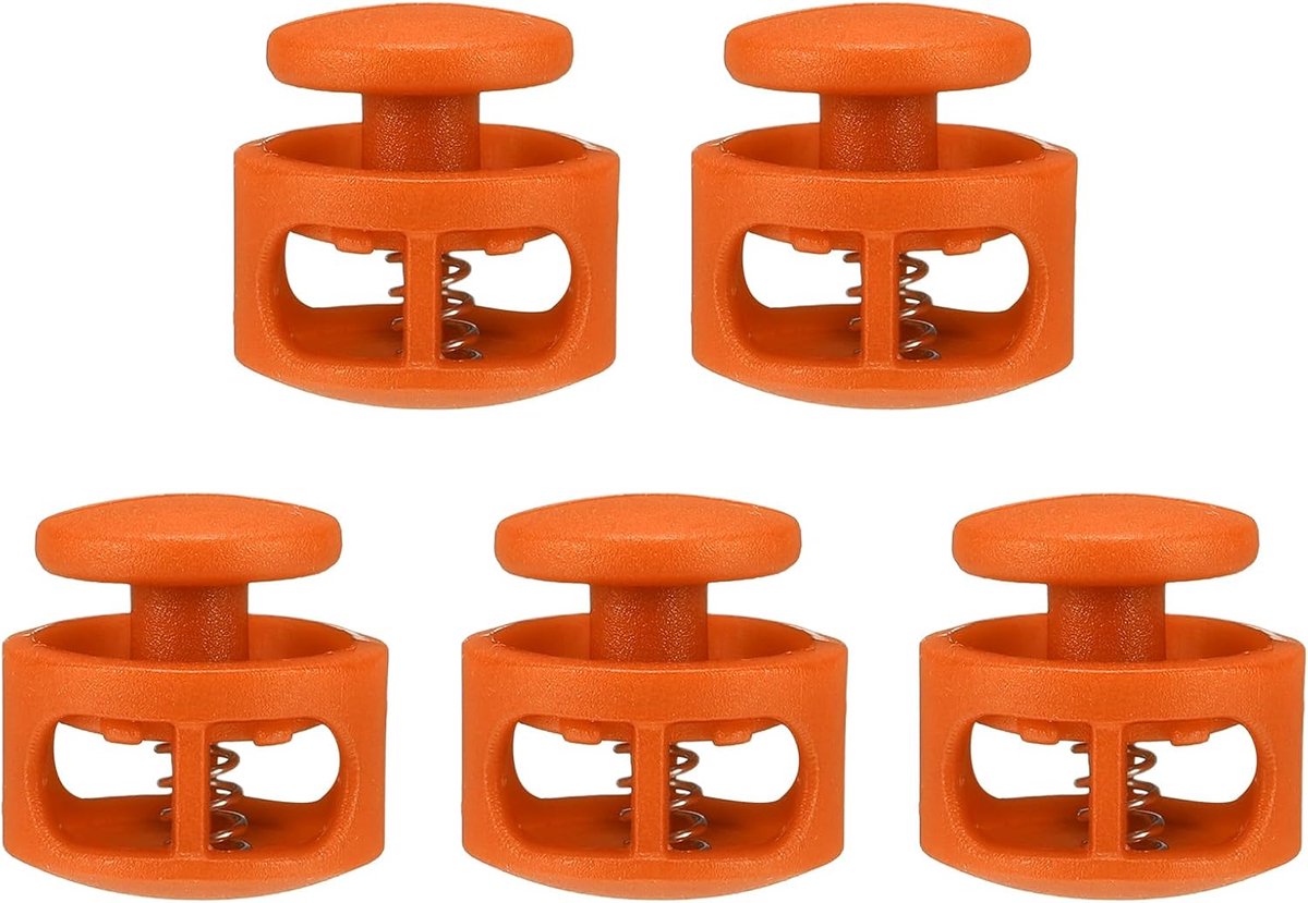 5 stuks kunststof koordstopper, dubbel gat, veer-klemsluitclip, elastische sluitsluiting voor trekkoord, paracord, tassen, kleding, handschoenen, koord-vervanging, oranje