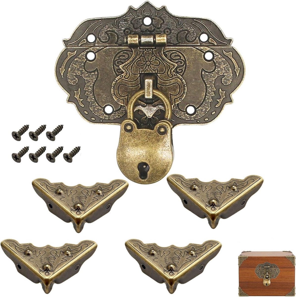 1 vintage bronzen sluiting met haaksluiting + 4 hoekbeschermers van ijzer, antiek meubelslot, voor kisten en laden, klassiek design.