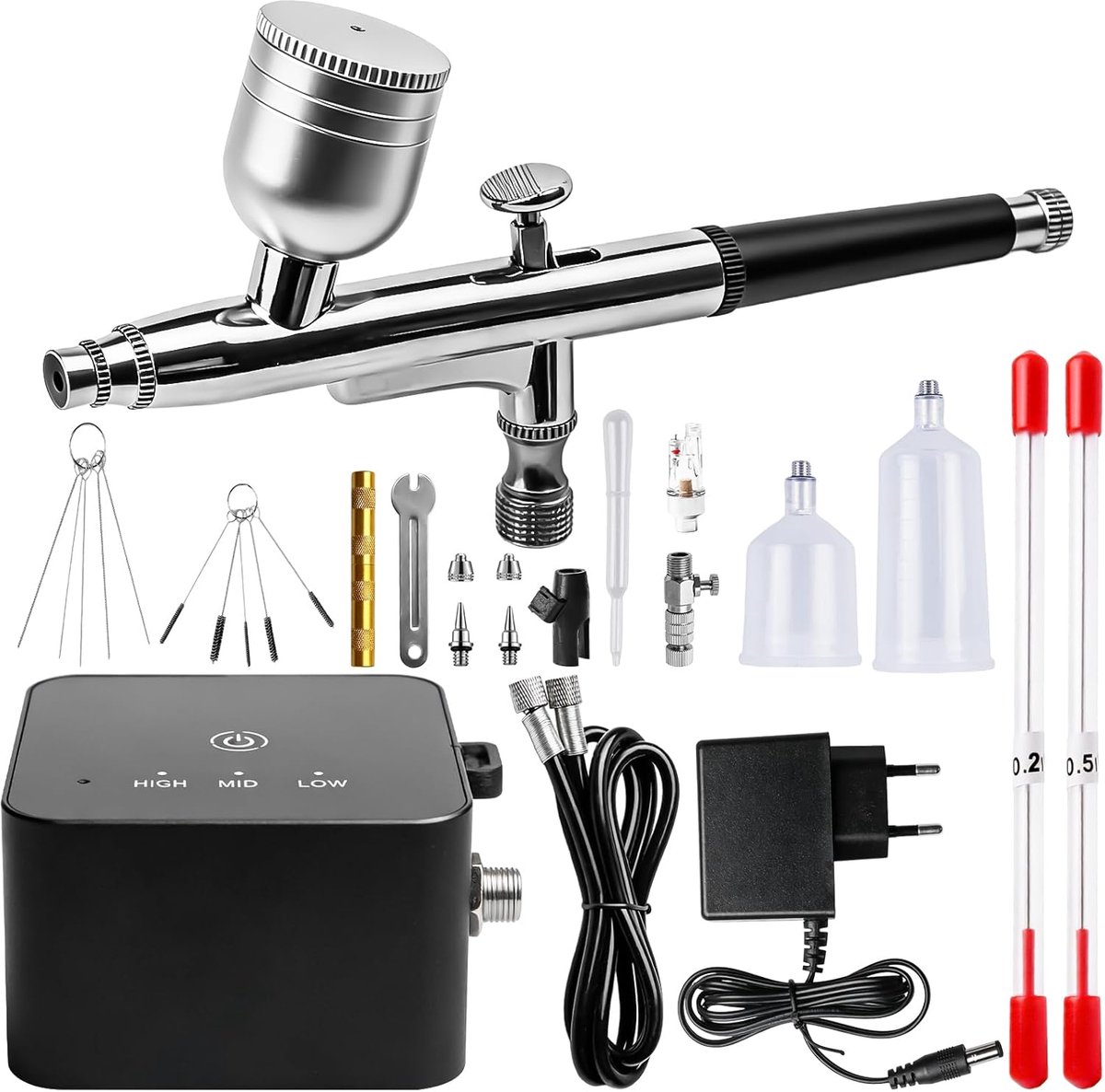 Airbrush-set met compressor, 25 psi, draagbare airbrush-kit, dual-actie-airbrush-pistool + reinigingsaccessoires voor make-up, nageldesign, taartdecoratie, modelbouw en tattoo-modellering