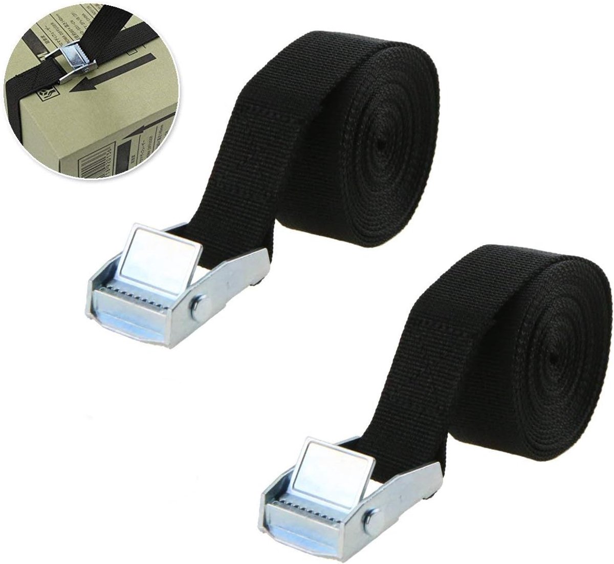 Lashing straps 7ft zwart - 2-pack - polypropyleen - voor het veilig vastbinden van bagage - SnelShoppen