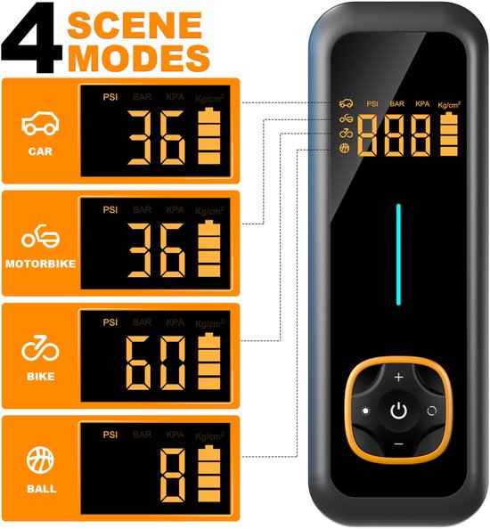 Draagbare Elektrische Luchtcompressor 12V - Digitale Display Luchtpomp voor Auto - Fiets -Motor- Scooter en Bal - Automatische Drukregeling - Snelle Oppompfunctie - LED Verlichting - USB Oplaadbare Accu - Compact Ontwerp voor Onderweg en Noodgevallen — afbeelding 4