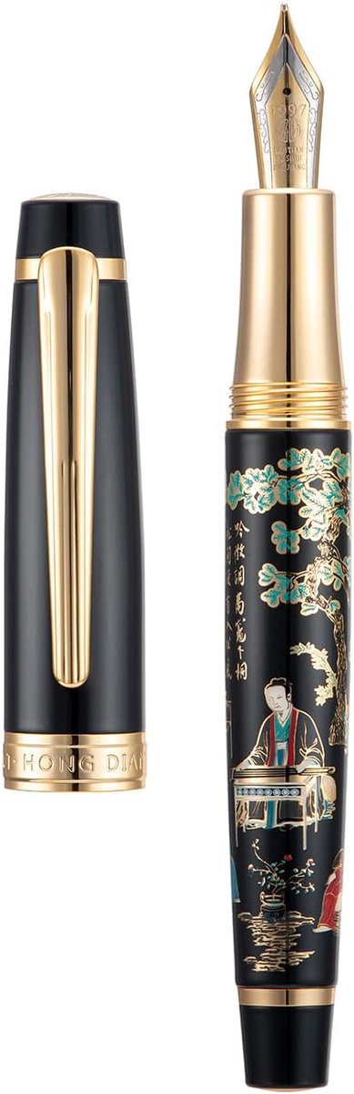 SnelShoppen - Hongdian 231 Chinese Klassieke Vulpen met Iridium Fijn Gouden Nib, Chinese Schilderkunst Design, Soepel Schrijvende Pen met Inktconverte