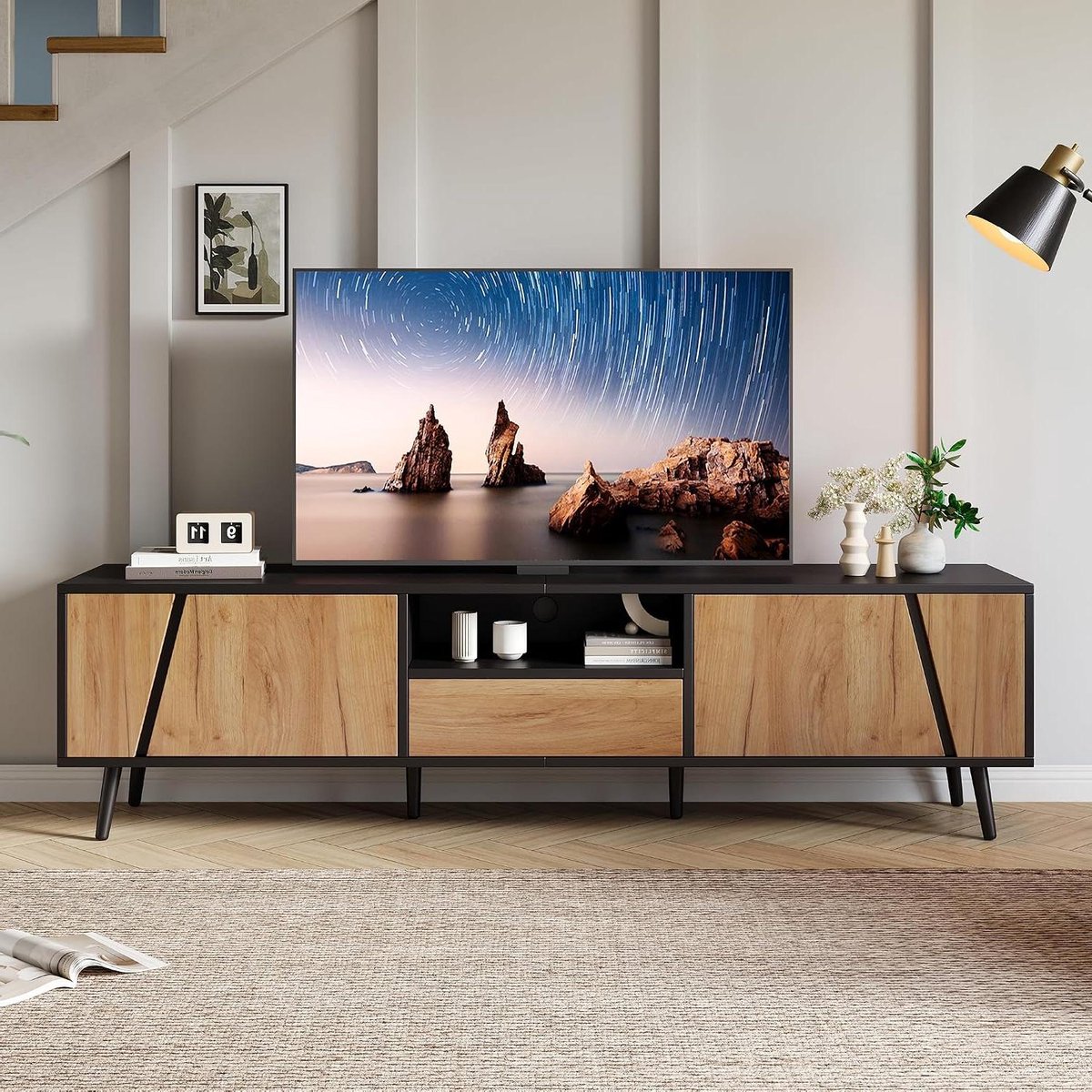 Tv-kast - Tv-meubel Dressoir - Woonkamer Organiseren - Drielaagse Opbergruimte - 180 x 40 x 46 cm - Zwart Houtkleur