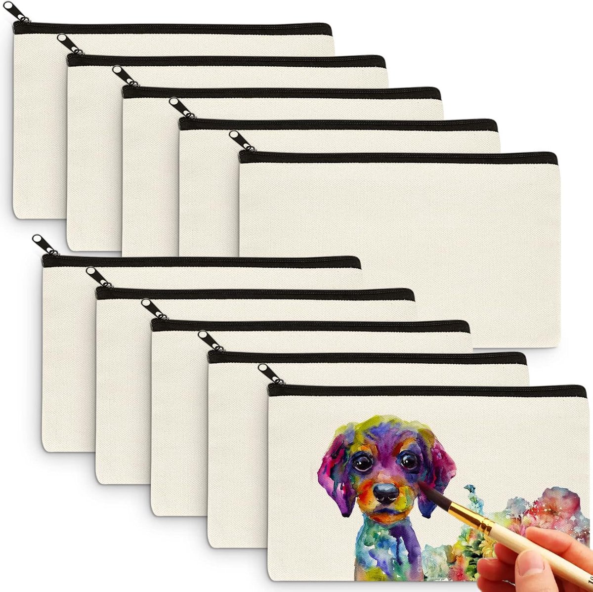 KZQ Set van 10 onbewerkte stoffen make-uptasjes met ritssluiting – te beschilderen of te verven, primaire kleur, 21 x 13 cm