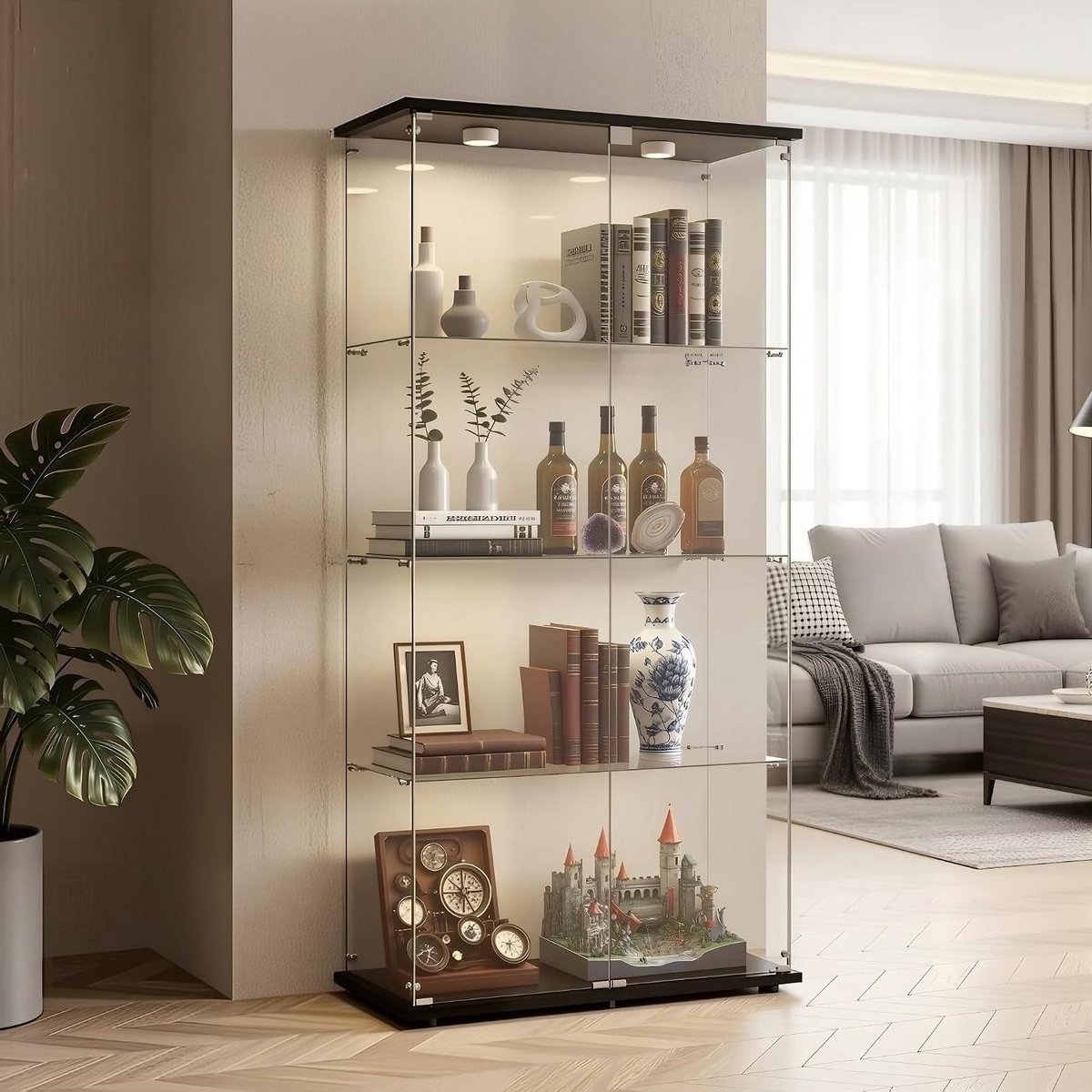 Glazen Vitrinekast - Verzamelaarskast Deur - Collecties Presenteren - Met LED en Slot - 36.5 x 80.5 x 164 cm