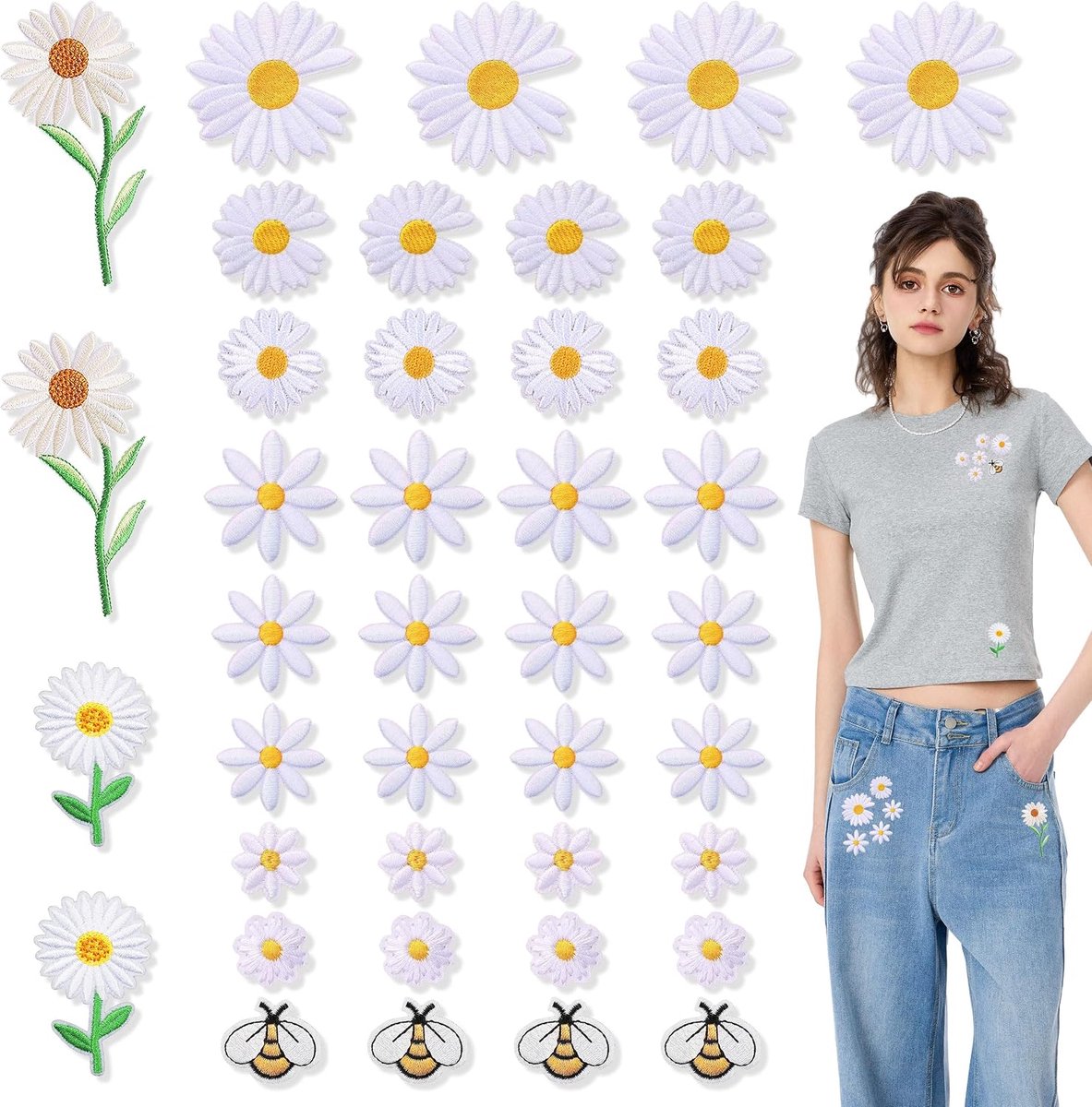 Opstrijkpatches madeliefjes 40 stuks - bloemenpatches voor textiel - decoratieve strijkapplicaties - SnelShoppen