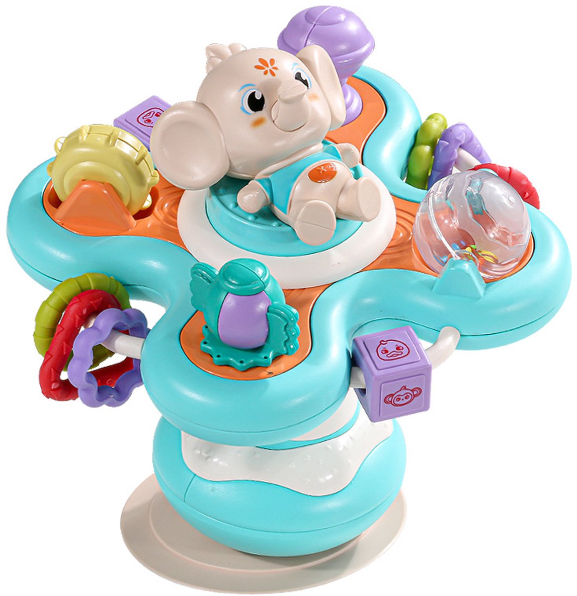 Babyspeelgoed – Spinner met zuignap – Bevestigbaar aan tafelbladen – Interactief speelstation (360°) – Educatief sensorisch speelgoed (met rammelaar en draaiende onderdelen) – Geschikt voor baby's vanaf 6 maanden – Blauw
