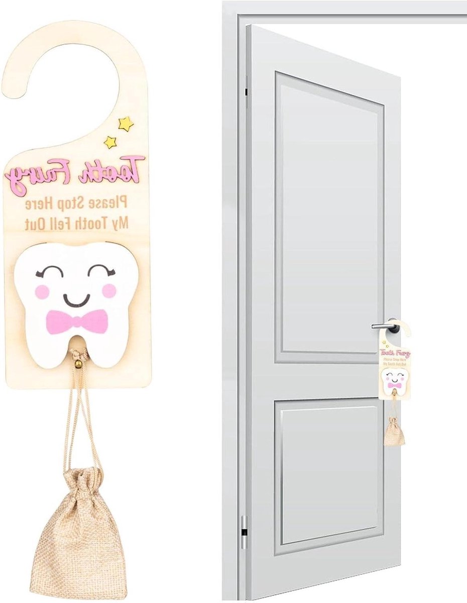 Tandenfee Deurhanger - Tandenfeeëndoos Aandenken - Slaapkamer Decoratie - Met Geldsleuf - 10.5 x 25.5 cm - Roze