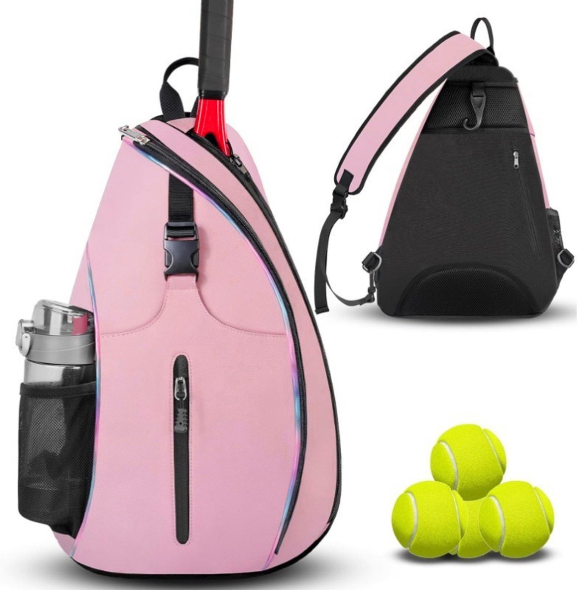Geweo Tennistas Slingbag - Sporttas voor Tennis - Tennis Rugtas - Met Verstelbare Riem & Veilig Achtervak - 33x14x49cm– Roze