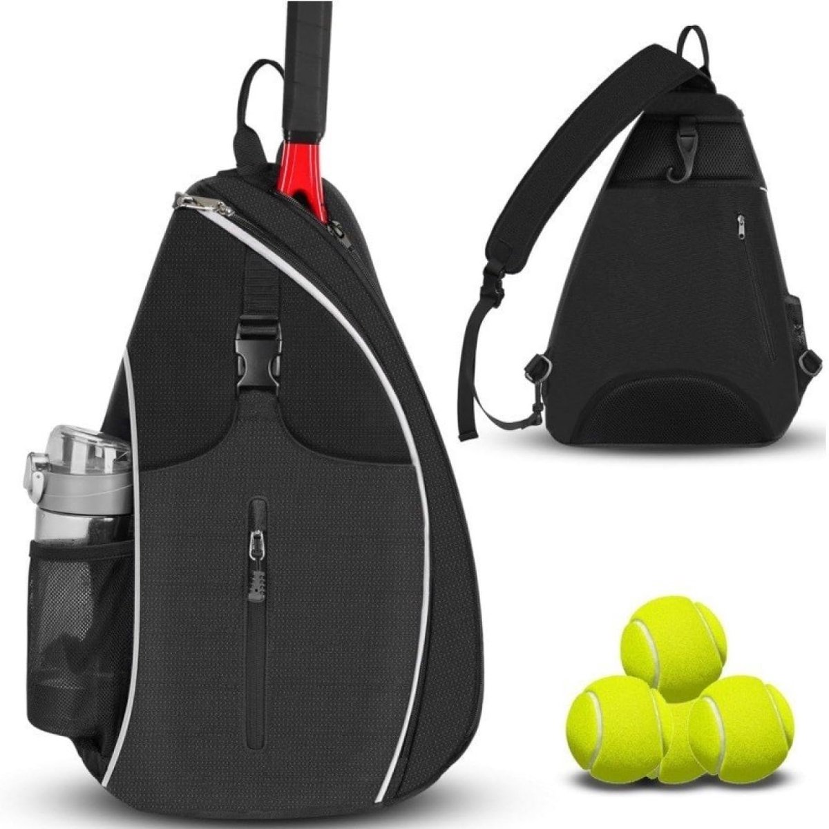 Geweo Tennistas Slingbag - Sporttas voor Tennis - Tennis Rugtas - Met Verstelbare Riem & Veilig Achtervak - 33x14x49cm– Zwart