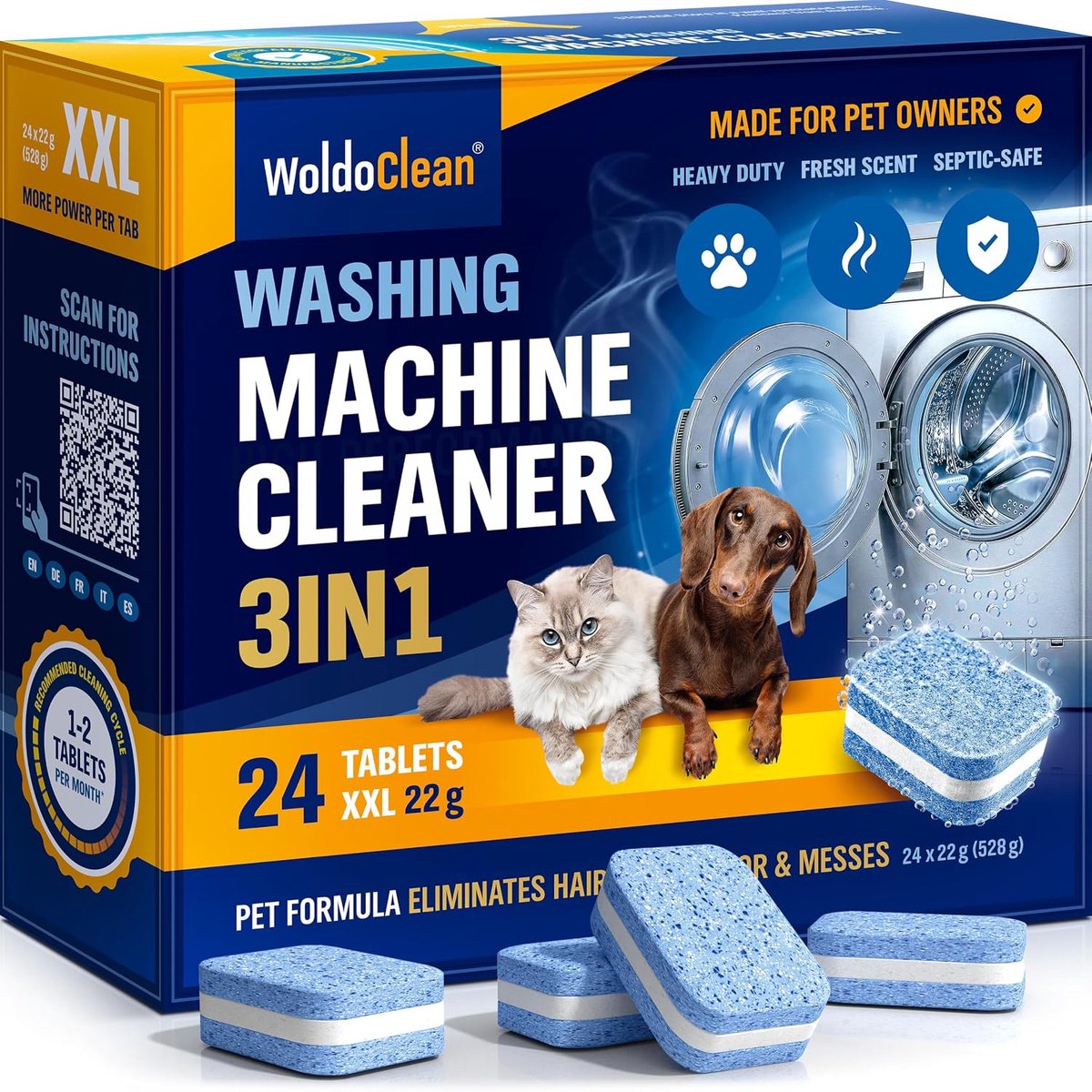 Wasmachine cleaner 3in1 - 22 g XXL - tegen dierlijke geur - voor frisse was - SnelShoppen