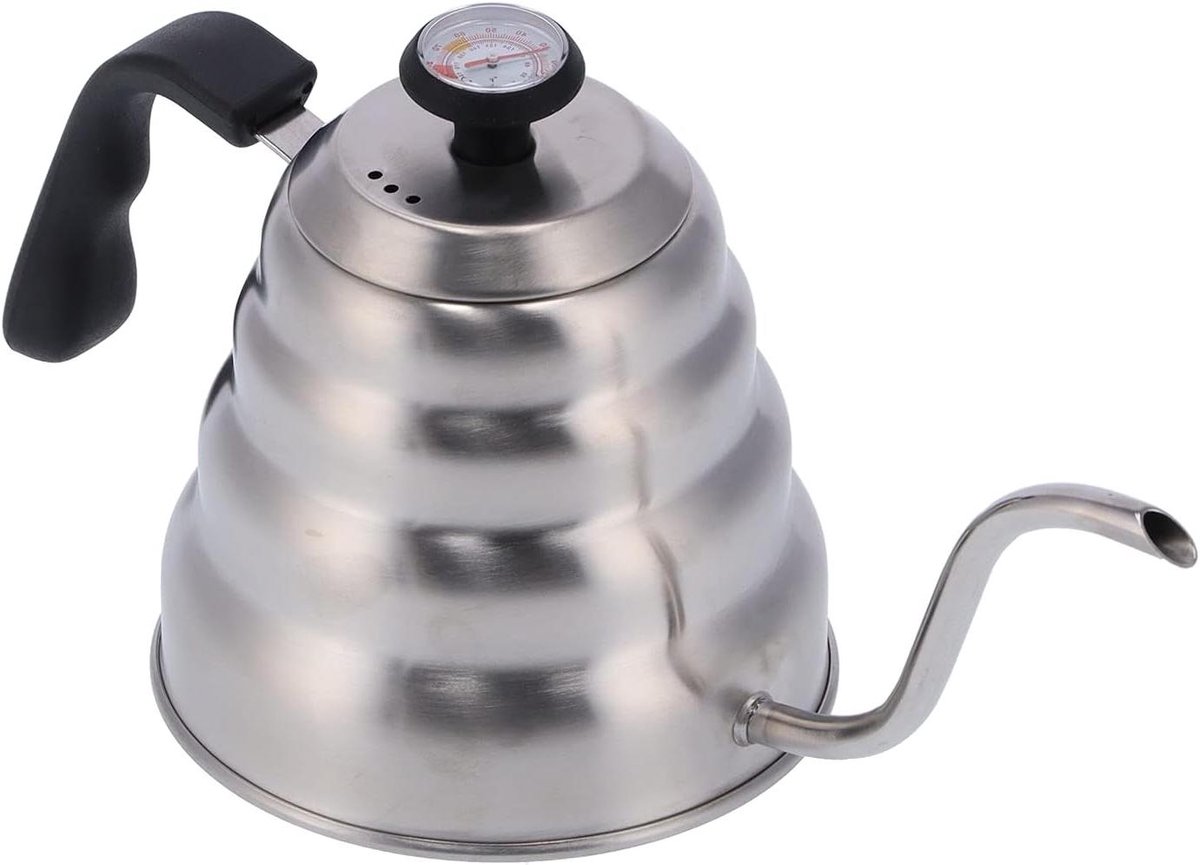 Koffieketel Roestvrij Staal - Waterketel Thee - Koffie Zetten - Met Thermometer - 1200 ml - Zilver Zwart