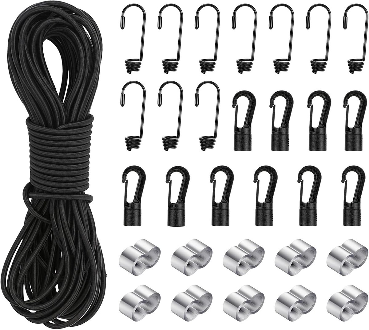 Elastic Rope 15 m - 6 mm dik rubberkoord - met 10 spiraalhaken - ideaal voor het vastzetten van zeilen en tenten - SnelShoppen
