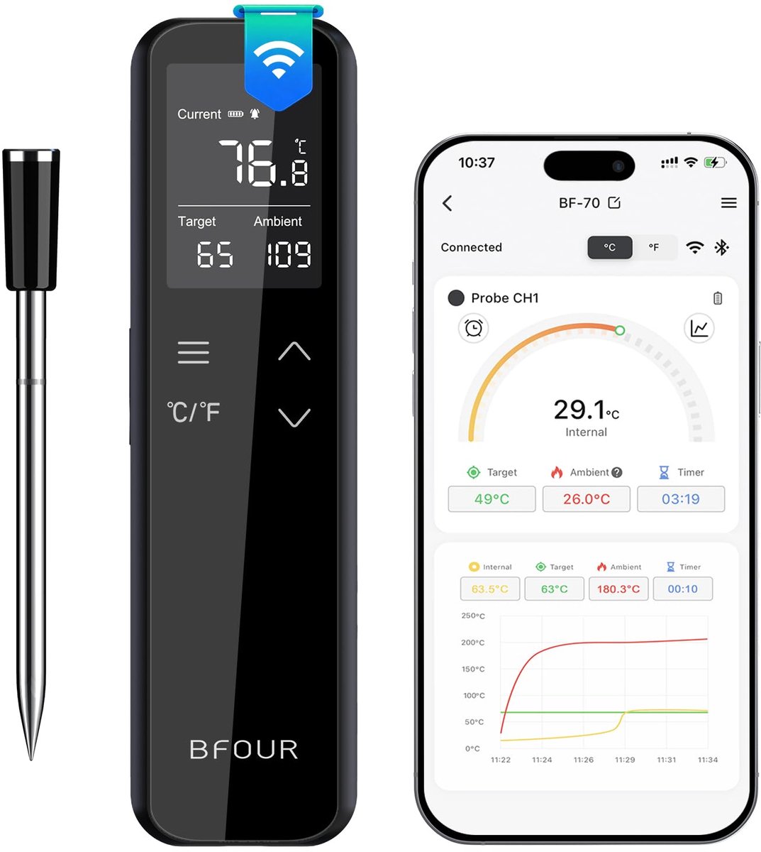 Wifi-vleesthermometer - intelligent basisstation - groot lcd-display - perfect voor barbecue en oven - SnelShoppen