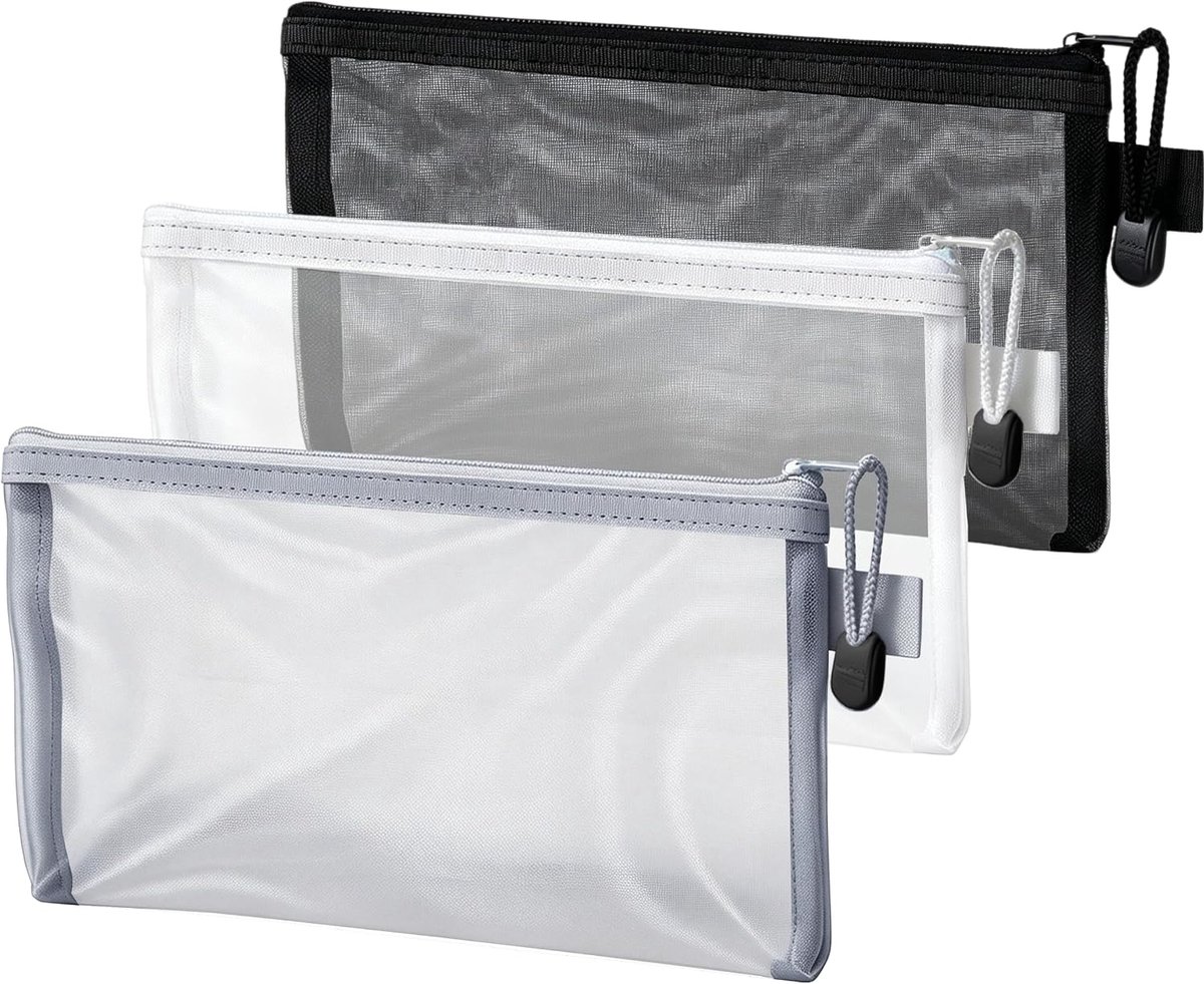 Etui met rits 21,5 x 11 cm - transparant gaasontwerp - set van 3 (zwart, wit, grijs) - ideaal voor school en werk - SnelShoppen