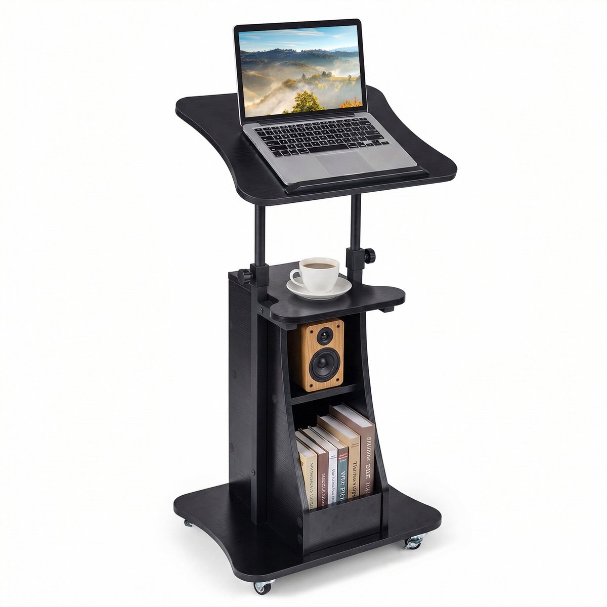COSTWAY Mobiele Stabureau, in hoogte verstelbare lessenaar met kantelbaar blad & open vakken, schrijftafel om staand of zittend te werken, statafel op wielen voor thuiswerkplek (50 x 40 x 72–112 cm, Zwart)