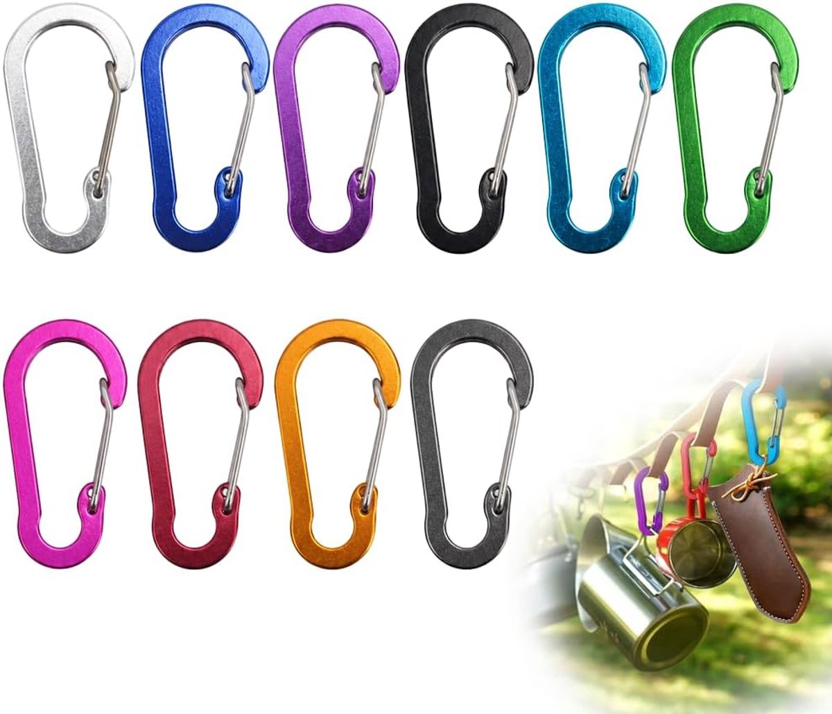 Karabijnhaken 5 cm - kleurrijke aluminium - 10 stuks - ideaal voor sleutels en camping - SnelShoppen