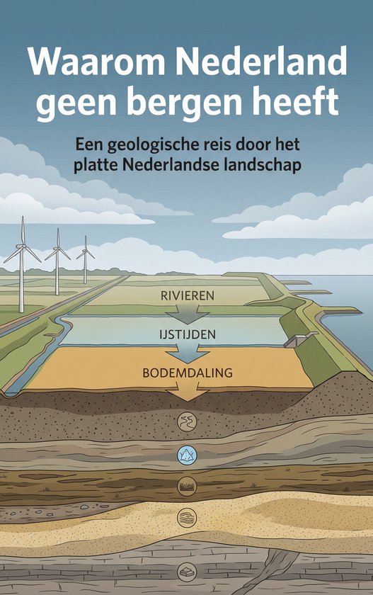 Illustratie toont dwarsdoorsnede van Nederlandse bodem met rivieren, ijstijden en bodemdaling. Titel "Waarom Nederland geen bergen heeft."