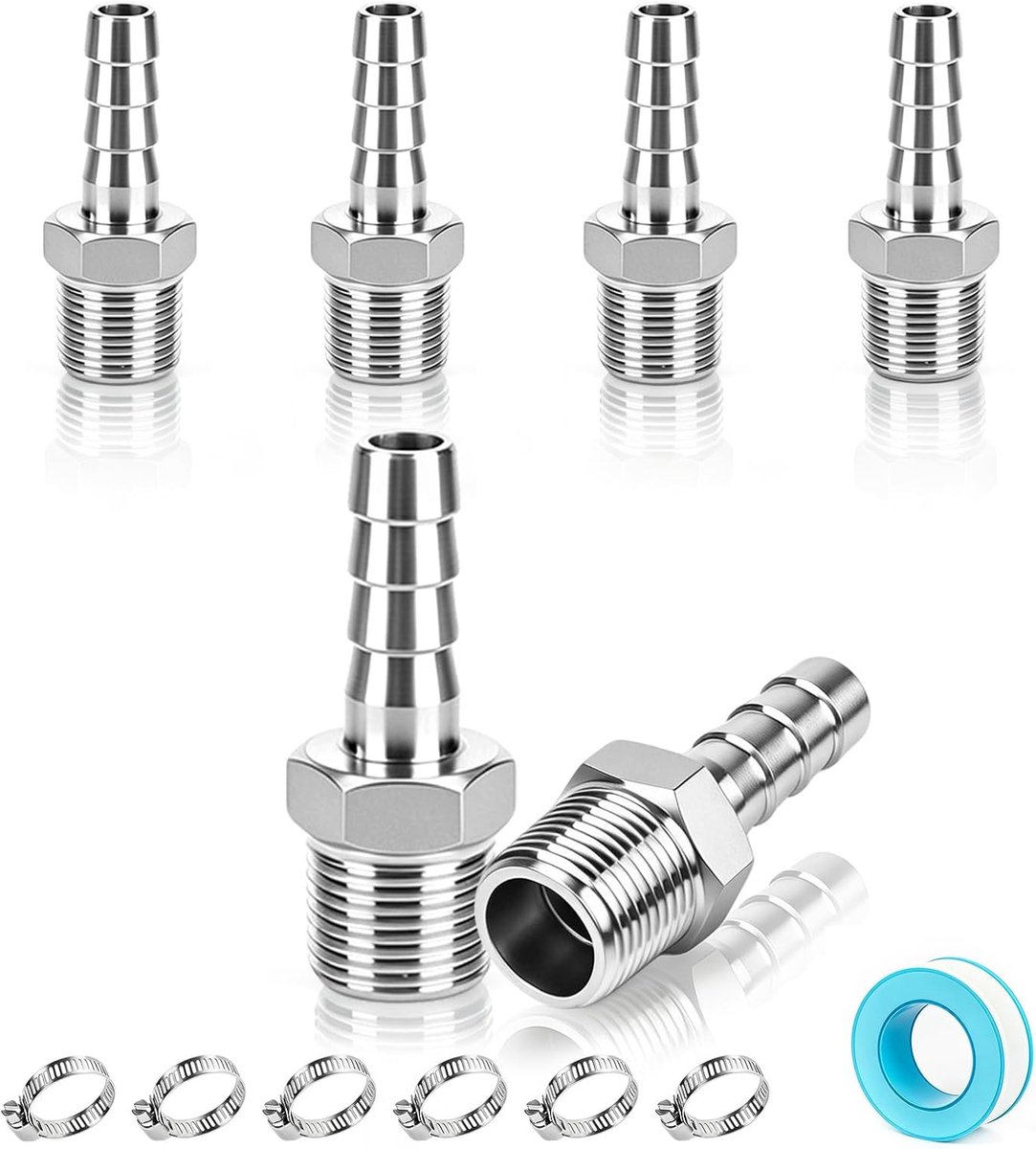 Slangtuit 1/4 inch AG buisadapter - roestvrij staal - 6 stuks met slangklemmen - SnelShoppen