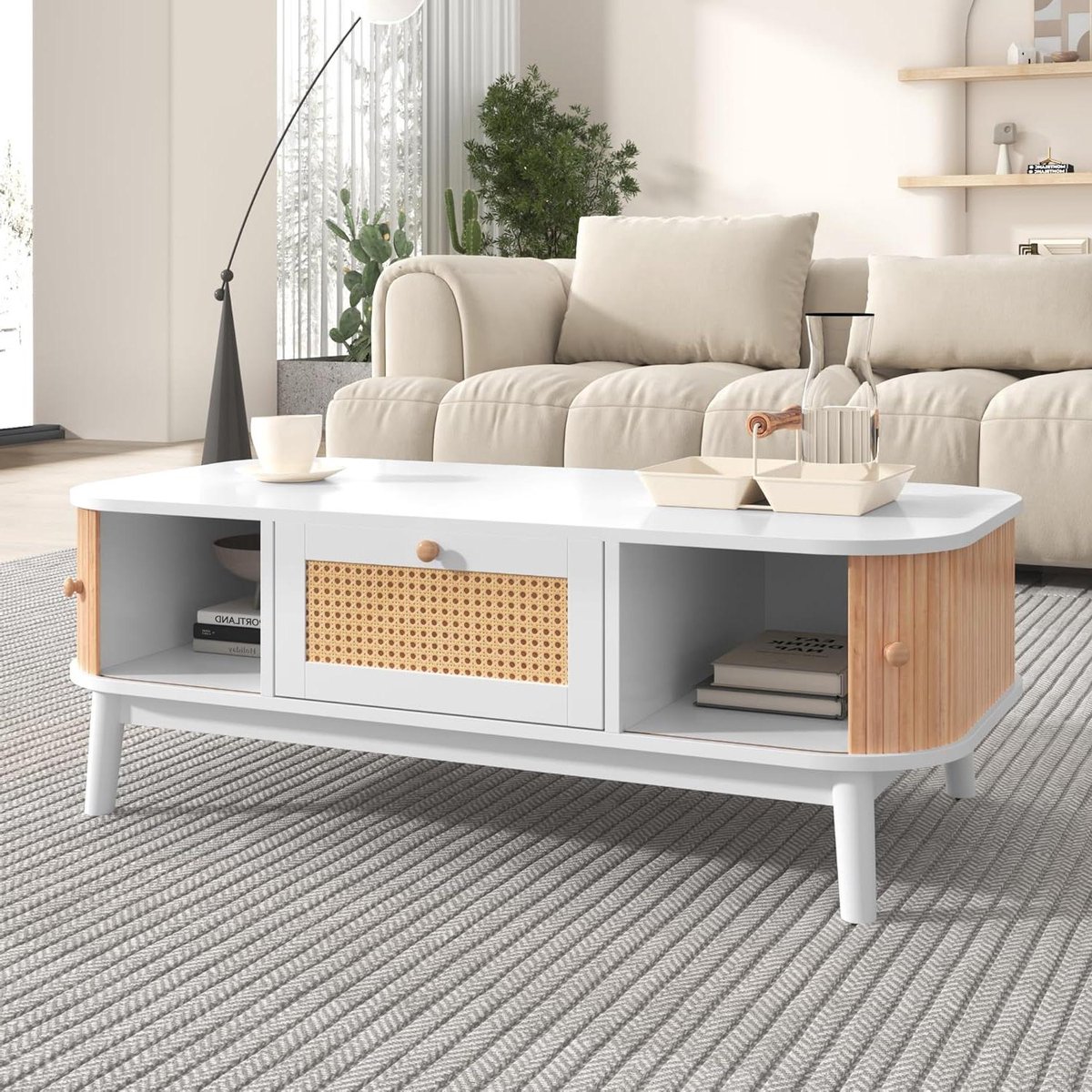 Rotan Salontafel - Koffie Tafel - Woonkamer Decoratie - Handgevlochten Rotan Accenten - 110 x 55 x 385 cm - Wit