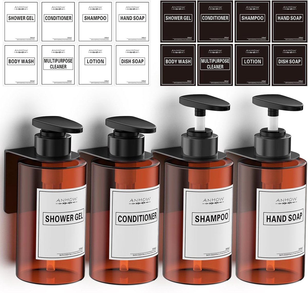 Zeepdispenser 300ml - kunststof bruin - met pomp en labels - ideaal voor badkamer - SnelShoppen