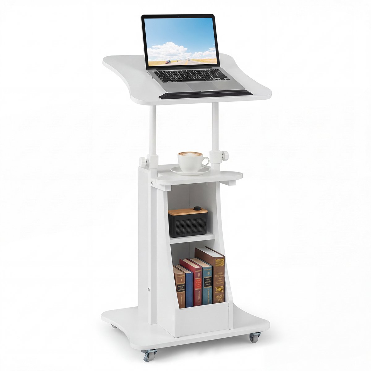 COSTWAY Mobiel sta-bureau, in hoogte verstelbaar sprekerbureau met kantelbaar tafelblad en open vakken, schrijftafel om te staan of te zitten, statafel op wielen voor thuiskantoor (50 x 40 x 72-112 cm)