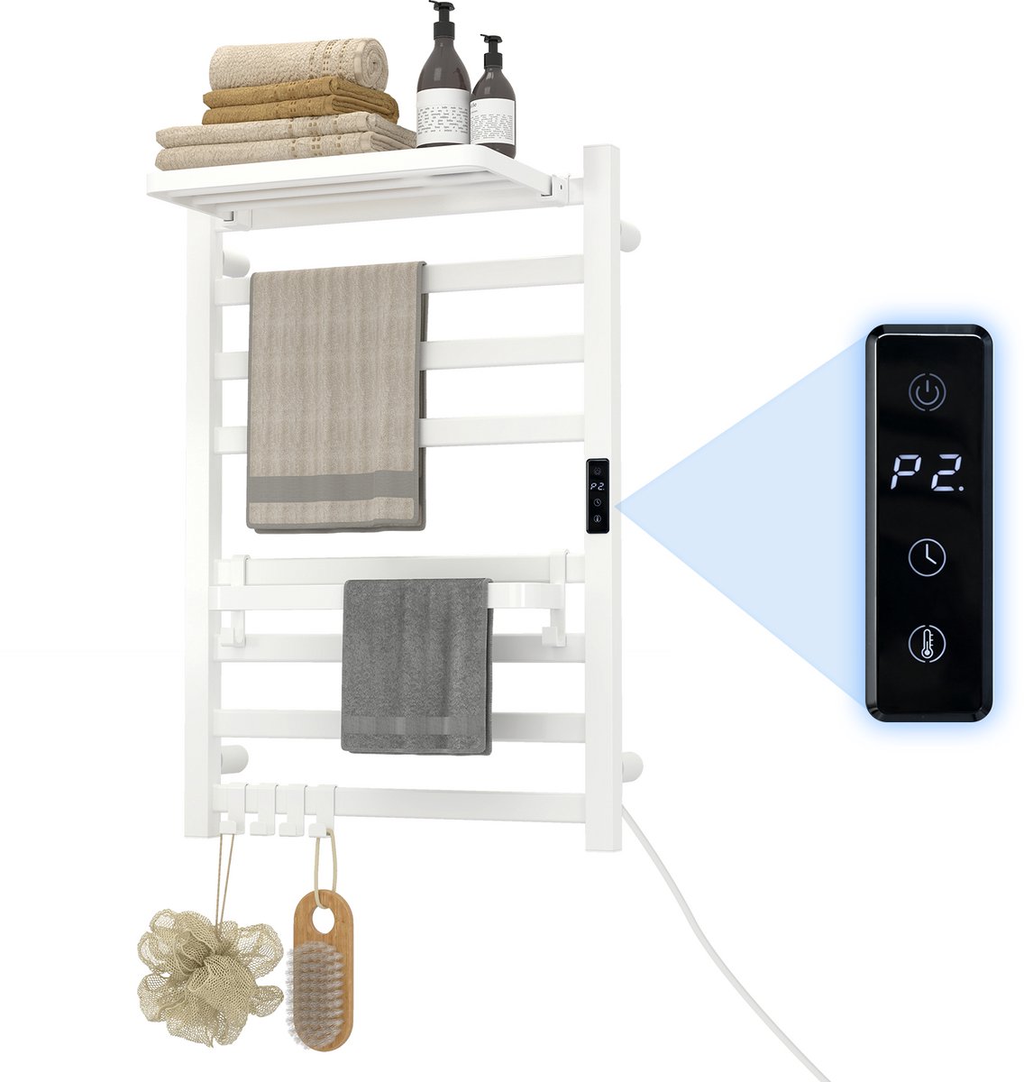 Puluomis - Elektrische handdoekhouder 72W - Wandmontage - 7-laags handdoekstang - Plank - Temperatuurregeling met 6 standen - Timerfunctie - Aluminiumlegering - 45~70℃ - Wit