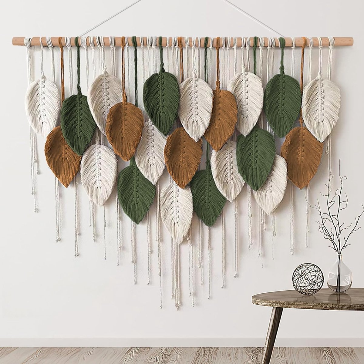 Handgeweven wandkleed – Wandhanger met veren in boho-stijl – Wanddecoratie met bladeren – Wandkunst – 27-delige set – Geschikt voor babykamer, slaapkamer, woonkamer en appartement – ​​Bruin