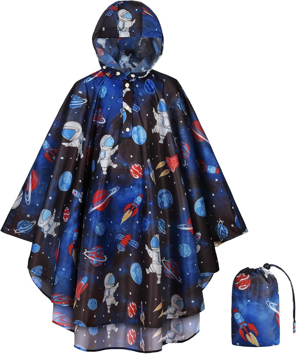 Kinderregenjack Astronautenpatroon M - Zwart+Blauw - Waterdicht - Perfect voor avontuurlijke regenachtige dagen - SnelShoppen