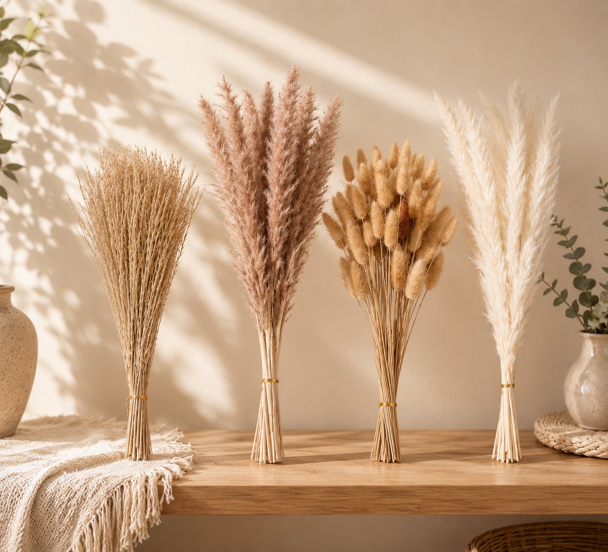 Gedroogd pampasgras decor 100 stuks, wit en bruin pampasgras boeket met konijnenstaarten, rietgras voor bruiloft, boho tafeldecoratie, rustiek boerderijfeest