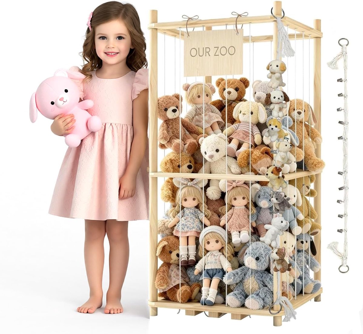 Opbergrek voor knuffels 95 cm - houten kast - met hangcompartiment - stimuleert zelf opruimen - ShopVlot
