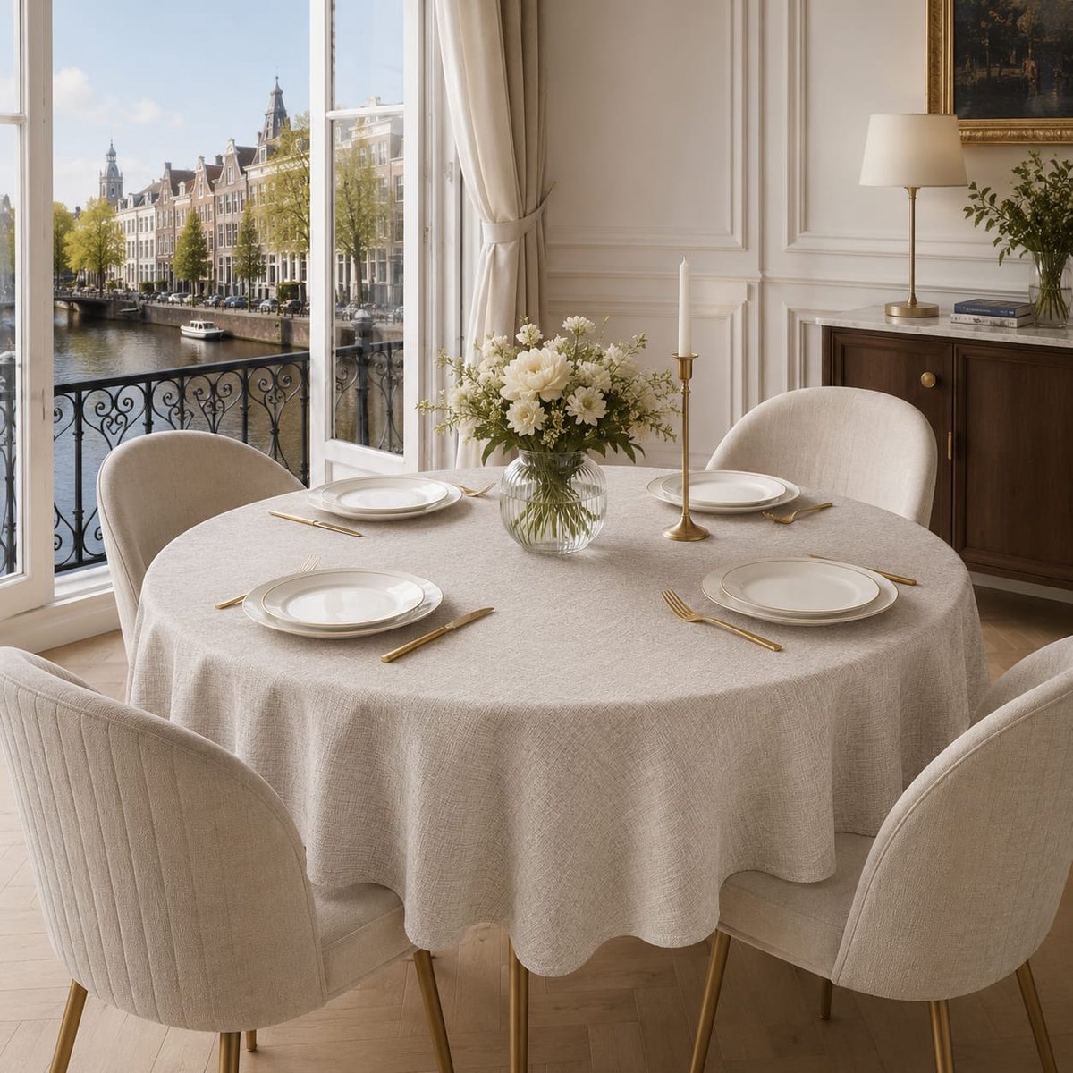 Lano&Go Rond Tafelkleed 120 cm, Waterafstotend, Linnenlook, Voor Eetkamer, Tuin, Feest en Bruiloft