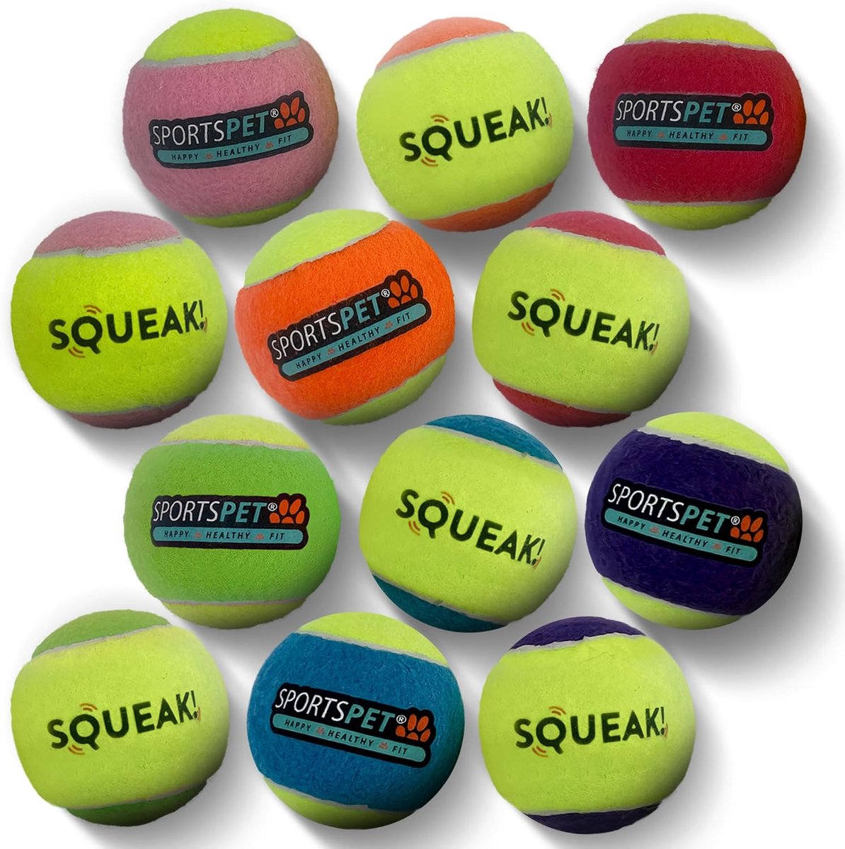 Squeak tennisballen voor honden - multicolour editie - extra springkussen - niet giftig - 12 stuks - ShopVlot