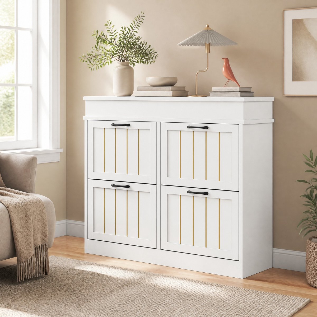 MODENUIT Schoenenkast - 4 Kleppen En 8 Vakken - Voor Hal En Woonkamer - MDF - Wit - 105x24x83 Cm