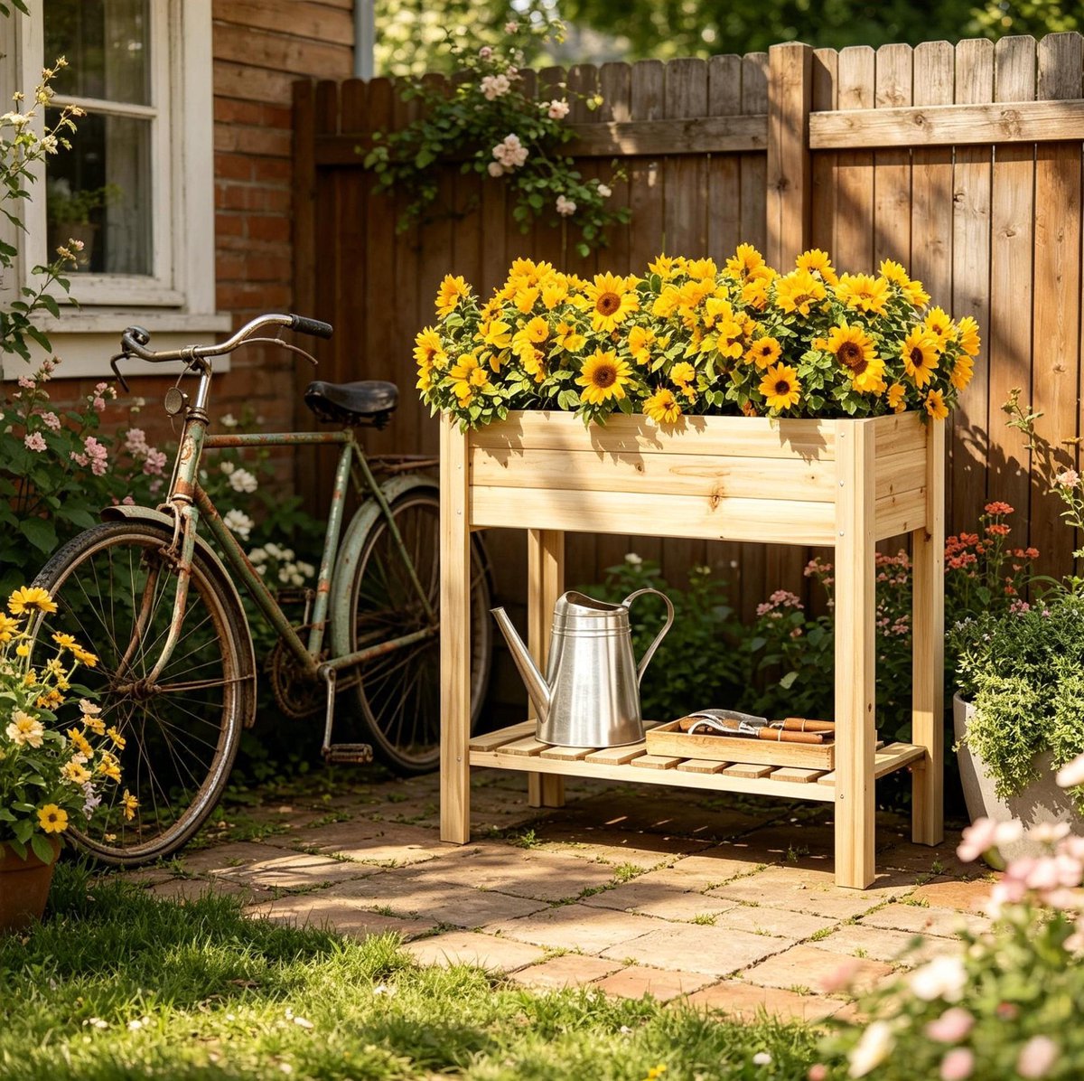 Verhoogde Plantenbak Met Opbergrek – 80 x 40 x 75 Cm – Vurenhout – Houtkleur – Weerbestendig En Ergonomisch Voor Balkon Terras En Tuin