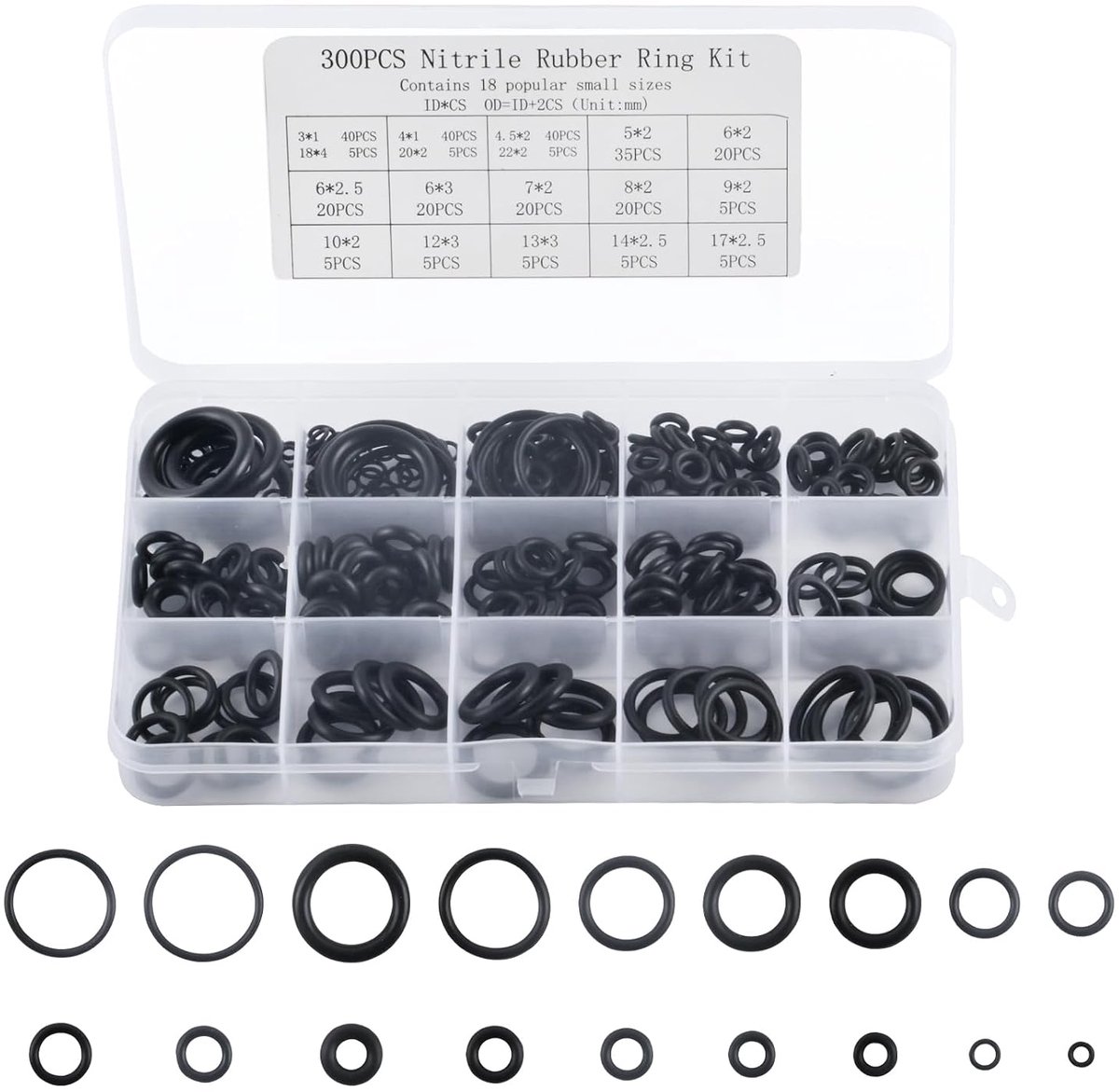 O-ring set 300 stuks - 18 maten - zwart - rubber afdichtringen voor hydrauliek en sanitair - ShopVlot