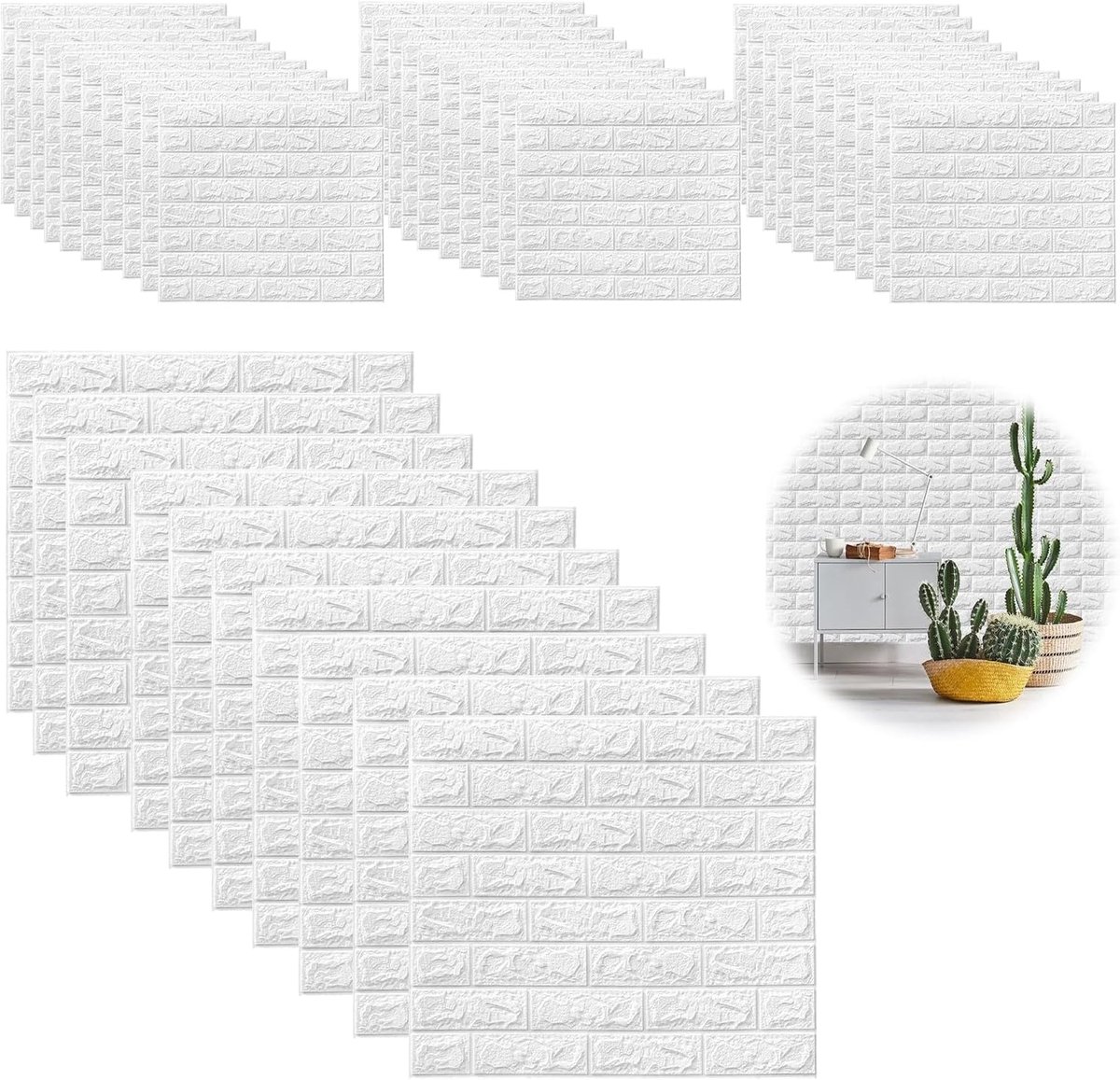 SnelShoppen - Pack van 40 3D Wandstickers, 38 x 35 cm, Zelfklevend Wanddecoratie, Waterdichte PVC Wandbekleding, Decoratief Witte Baksteen voor Wanden